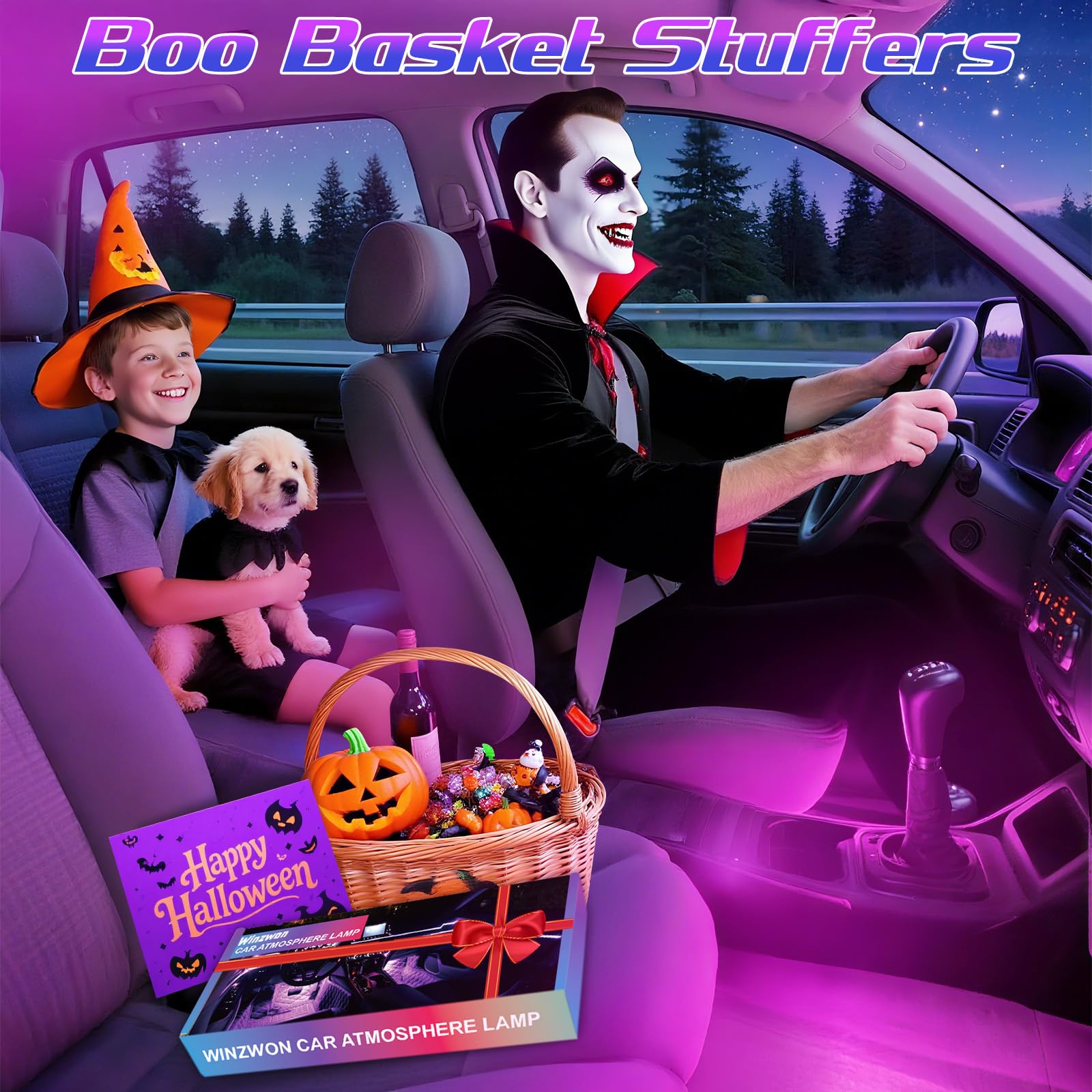 Winzwon Led Lights for Car Accessories Interior, Birthday Gifts for Women Men, Halloween Trunk or Trick Car Decorations Kit APP Control with USB Port Color Change Lights for Truck Decor, 12V