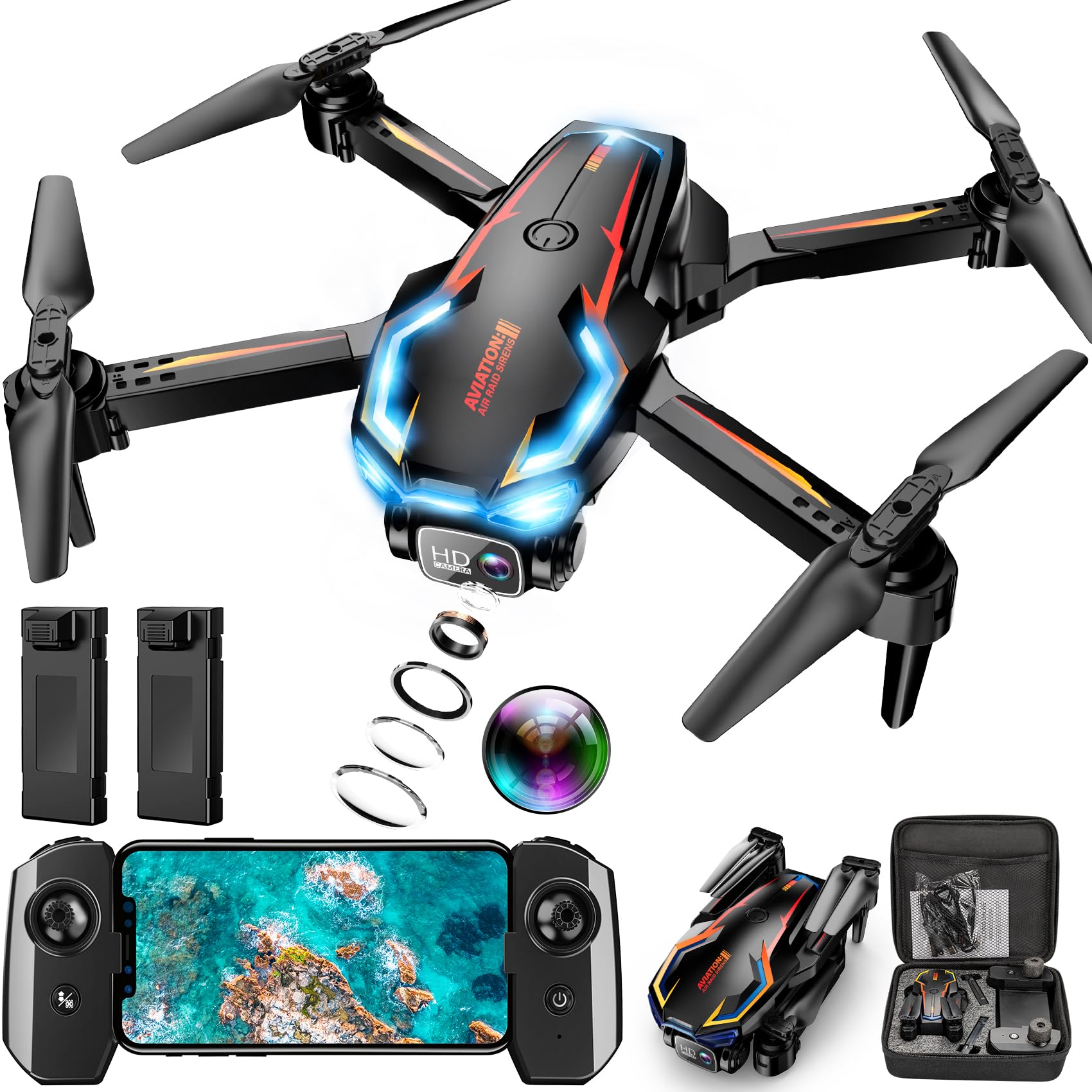 طائرة درون بكاميرا للكبار، طائرة درون 2K HD FPV مع خاصية تثبيت الارتفاع المطورة، إقلاع/هبوط بلمسة زر واحدة، تعديل السرعة، وضع بدون رأس، بطاريتان، ألعاب هدايا للمراهقين بنين وبنات، المبتدئين