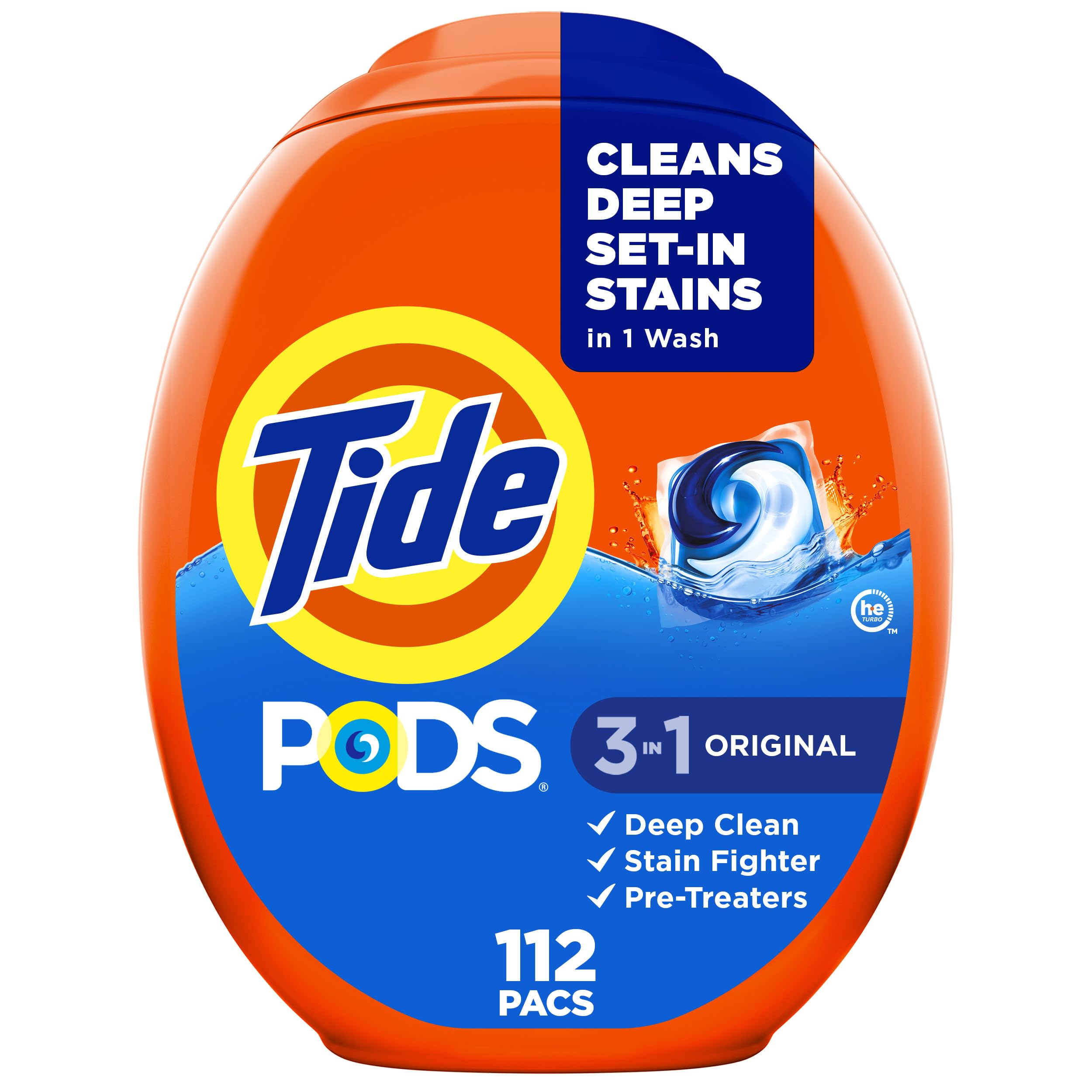 Tide PODS Laundry Detergent Pacs, 3-in-1 Stain Remover, Odor Fighter, Color Protector, 112 Count, HE compatible, Original Scent