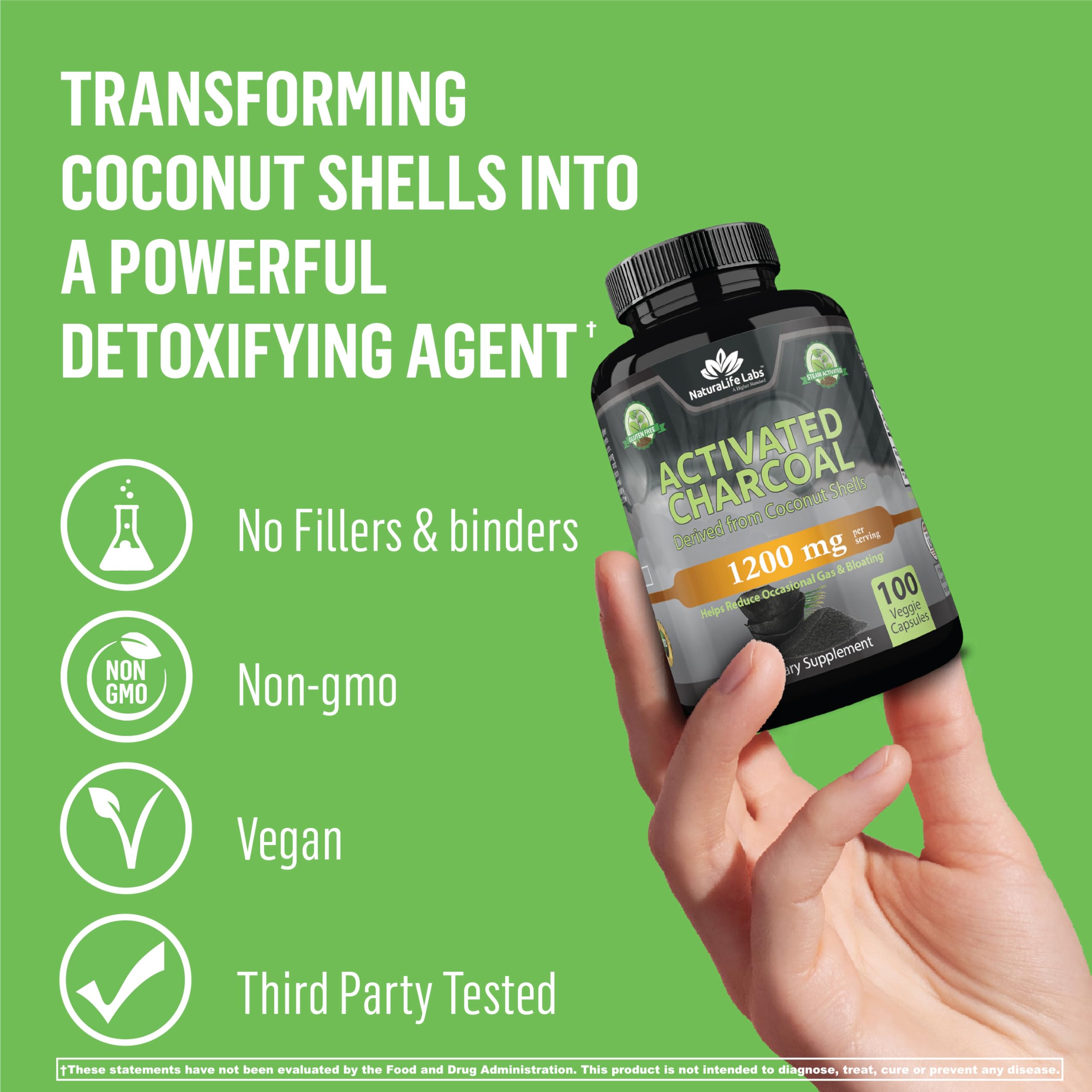 NaturaLife Labs Activated Charcoal 1,200 mg – Highly Absorbent – Supports Relief of Occasional Gas & Bloating – from Coconut Shells – 100 Veg Capsules