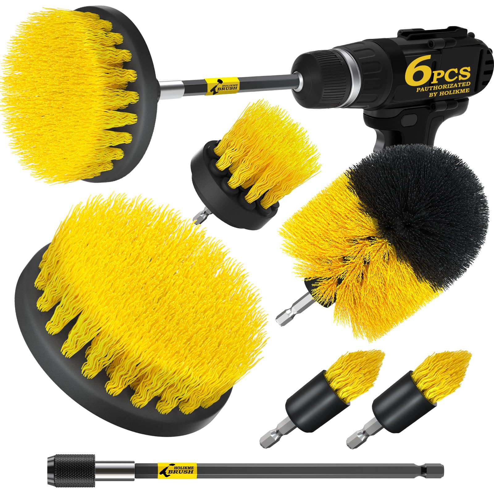 Holikme 6Pack Drill Brush Power Scrubber Cleaning Brush Extended Long Attachment Set All Purpose Drill Scrub Brushes Kit for Grout, Floor, Tub, Shower, Tile, Bathroom and Kitchen Surface,Yellow
