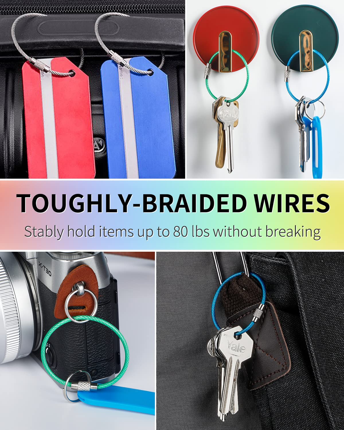 Uniclife 4 Inch Wire Keychain Cable in 6 Assorted Colors Large Stainless Steel Key Ring Loop Holder for Outdoor Hiking Heavy Duty Connectable Luggage Tag Keeper for Sport and Travel, 12 Pack