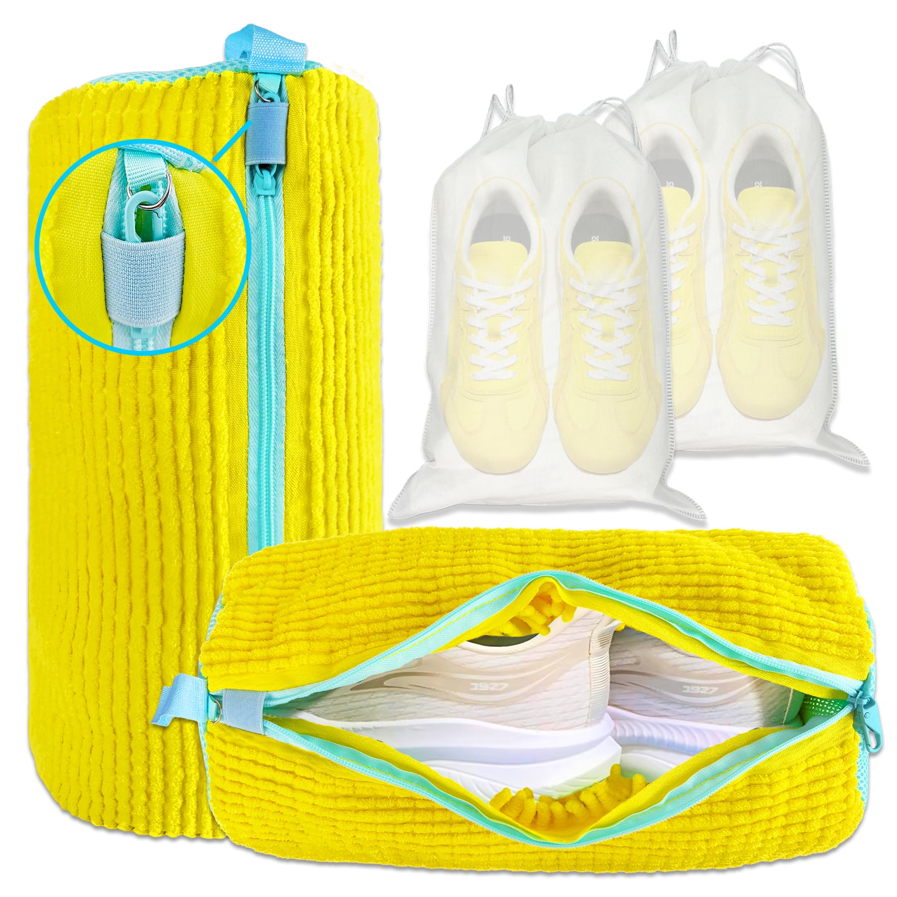 CNEYSID XXL Shoe Washing Machine Bag - 2-Pack Reusable Shoes Cleaning Bags, 360° Deep Clean for Tennis Shoes, Sneakers and Slippers, Includes 2 Shoe Storage Dust Bags (Yellow)