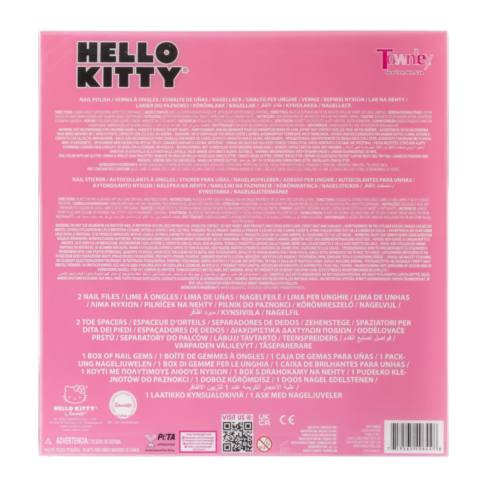 Hello Kitty Water-Based Nail Polish Set, Peel-Off Set with Glittery & Opaque Colors and Nail Accessories for Girls Kids, Perfect for Dress Up, Parties & Makeovers Ages 3+ by Townley Girl