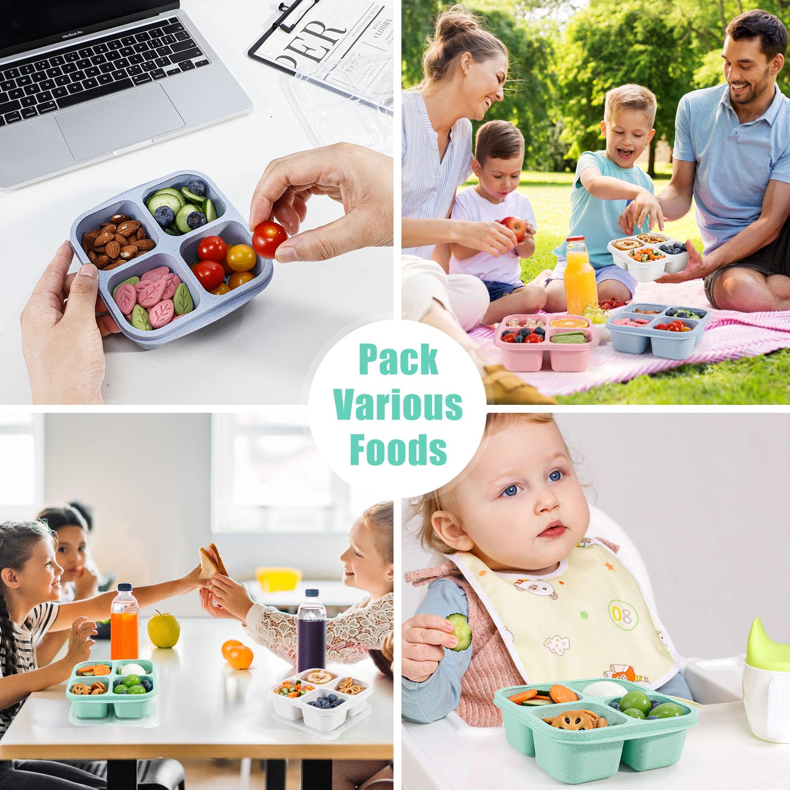 Caperci 4 Pack Bento Snack Boxes Lunchable Containers for Kids & Adults, Wheat Straw 4-Compartment Reusable Food Storage Containers for Snacks & Small Meal (Multicolor & Clear Lids)