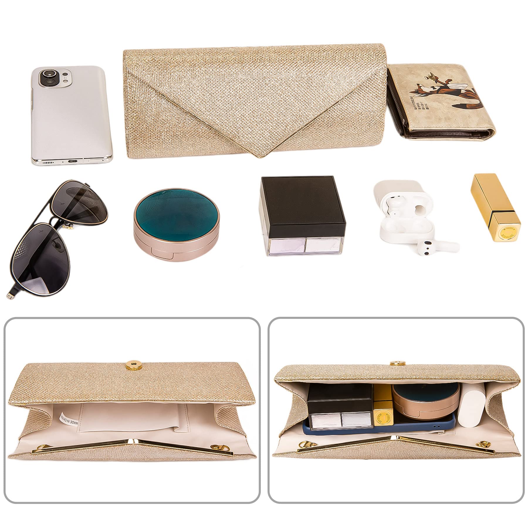 Larcenciel Clutch Purses for Women, Sparkling Envelope Evening Bag with Detachable Chain, Glitter Sequins Metal Formal Handbag Shoulder Crossbody Bag Prom Party Purse Bridal Wedding Bag-Champagne Gold