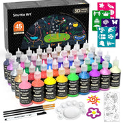 Shuttle Art Fabric Paint Set, 45 Colors 3D Permanent Paint with Brushes Palette Pen Fabric Sheet Stencils, Glow in The Dark, Glitter,Metallic Colors for Textile Fabric T-shirt Jeans Glass