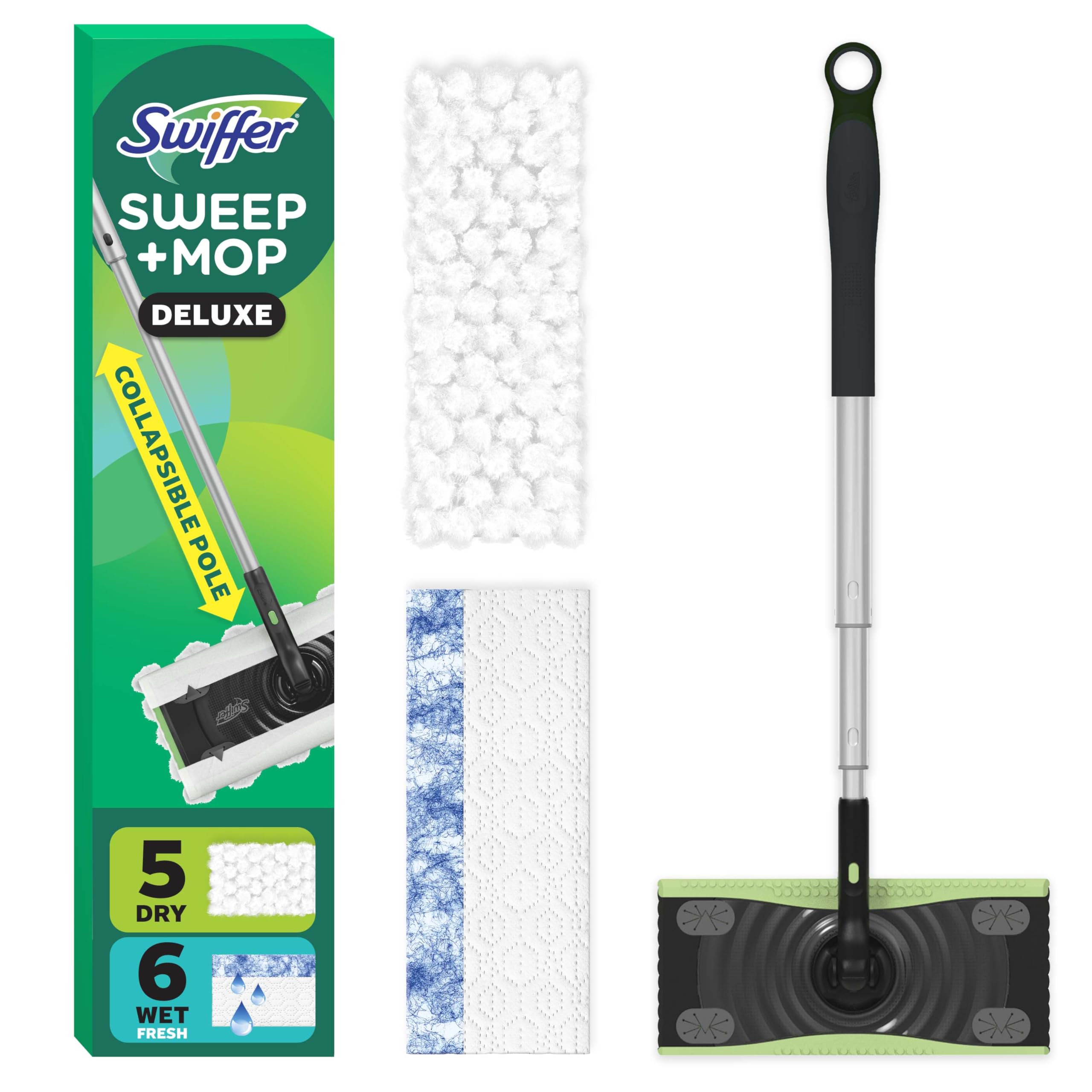 Swiffer Sweep & Mop Deluxe 2-in-1 Floor Mopping and Sweeping Kit, Multi-Surface Kit for Floor Cleaning, Kit Includes 1 Sweeper Device, 5 Heavy Duty Dry Sweeping Cloths, 6 Heavy Duty Wet Mopping Cloths