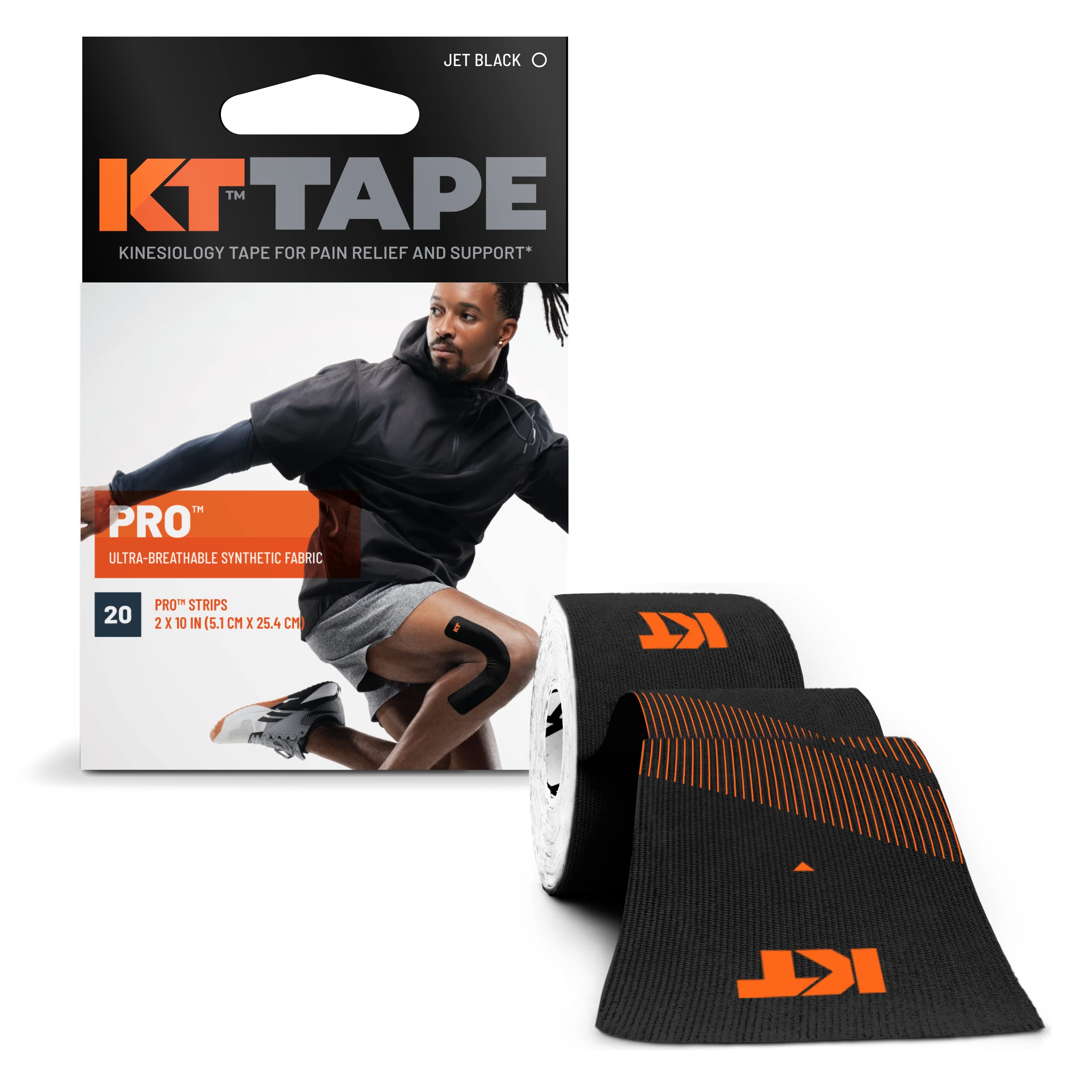 KT Tape, Pro Synthetic Kinesiology Athletic Tape, 20 Count, 10" Precut Strips, Jet Black