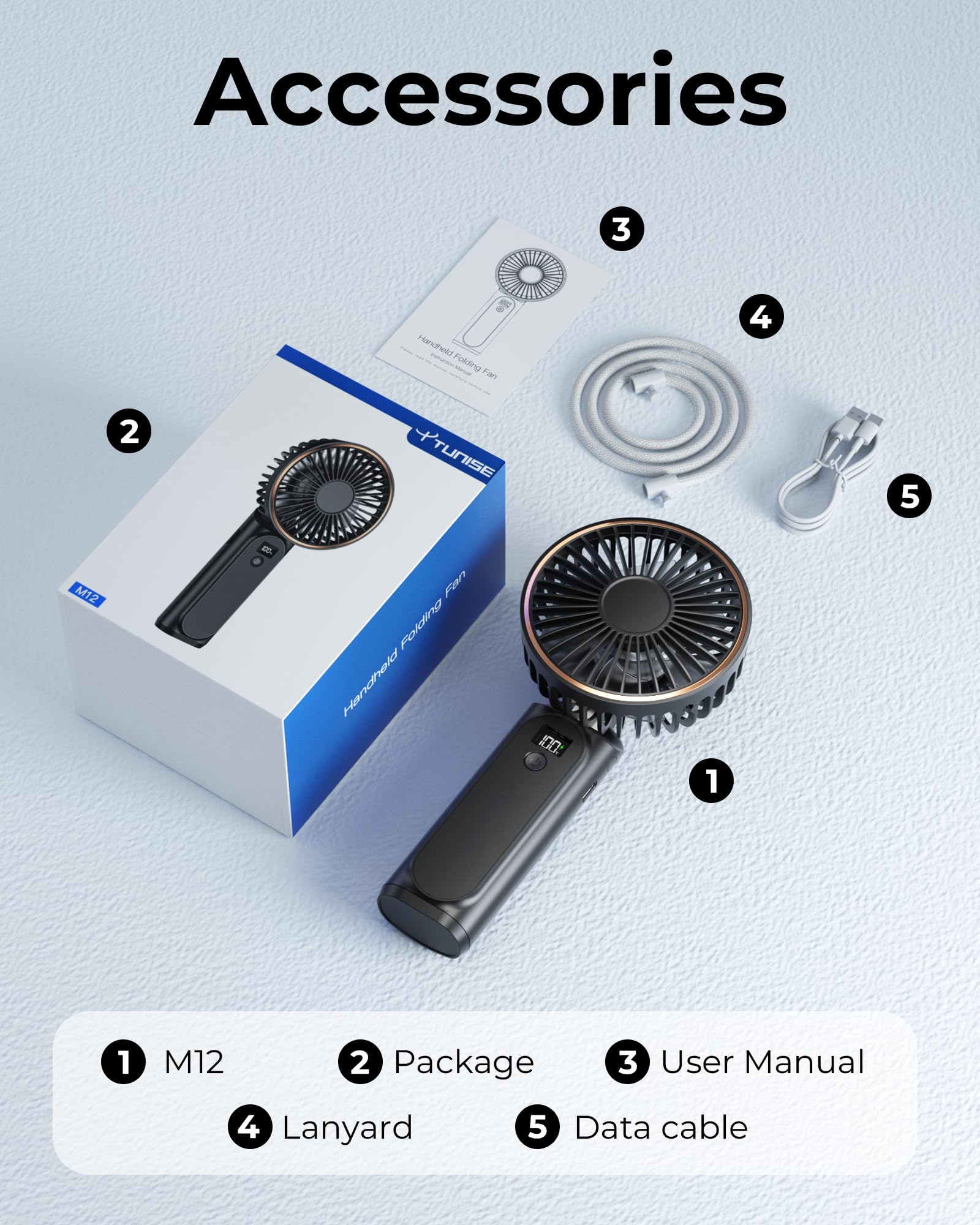 TUNISE Portable Handheld Fan, 4000mAh, 180 Adjustable, 6 Speed Wind, Display Electricity in Real Time, USB Rechargeable Foldable Personal Fan