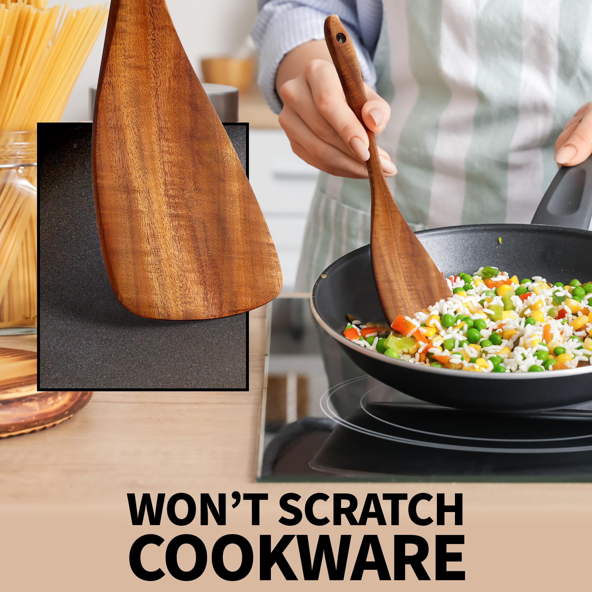 Zulay Kitchen 6-Piece Wooden Cooking Spoons Set – Heat-Resistant, Smooth Teak Utensils with Comfort Grip – Lightweight & Durable – Easy to Clean, Perfect for Non-Stick Cookware
