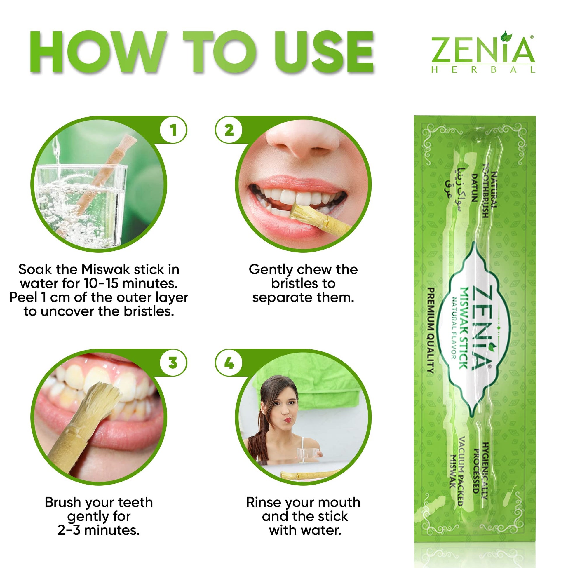 Zenia Sewak Natural Miswak Toothbrush - Vacuum Sealed Natural Flavor Traditional Peelu Toothbrush Stick - for Healthy Gums, Teeth, and Fresher Breath (Pack of 3)