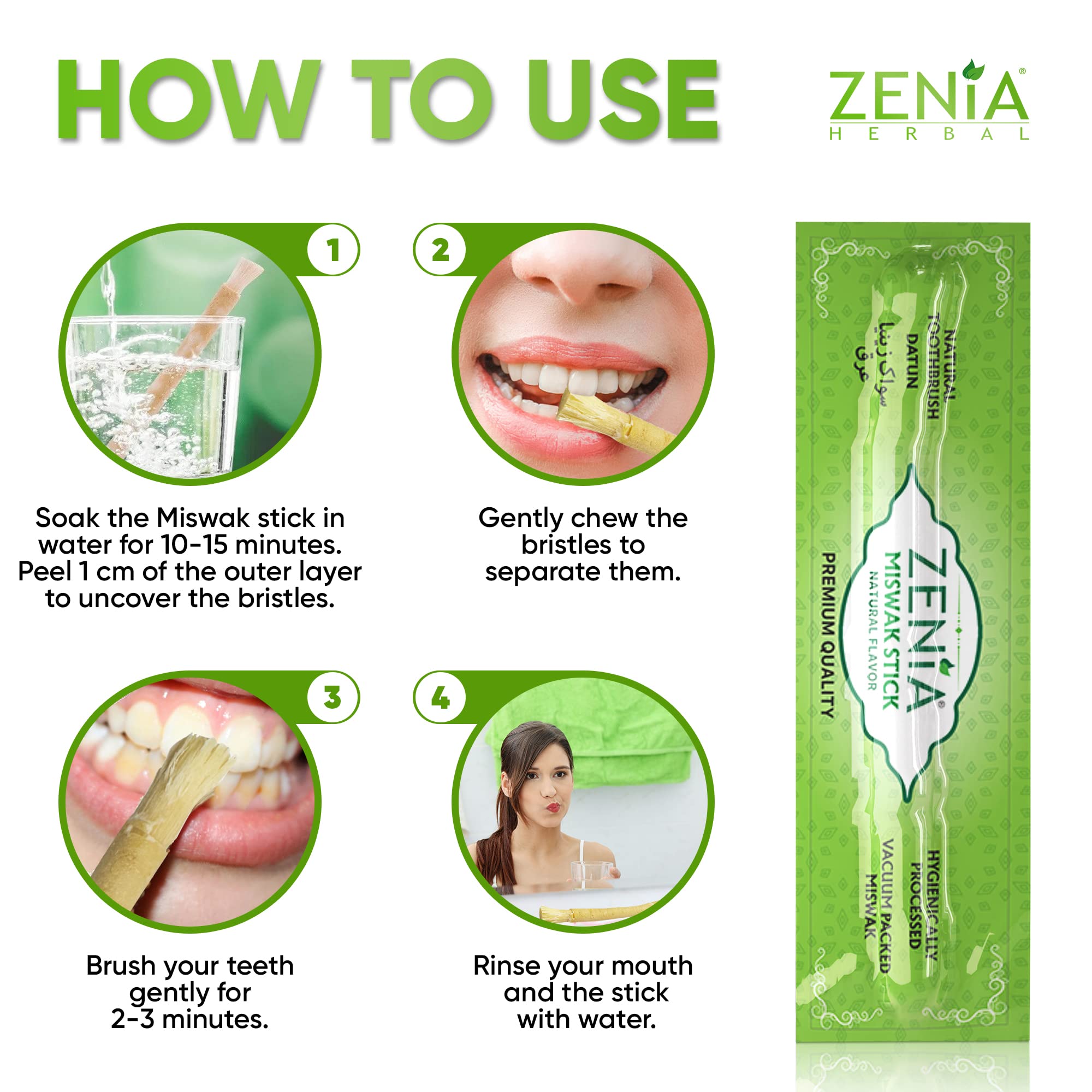 Zenia Sewak Natural Miswak Toothbrush - Vacuum Sealed Natural Flavor Traditional Peelu Toothbrush Stick - for Healthy Gums, Teeth, and Fresher Breath (Pack of 3)