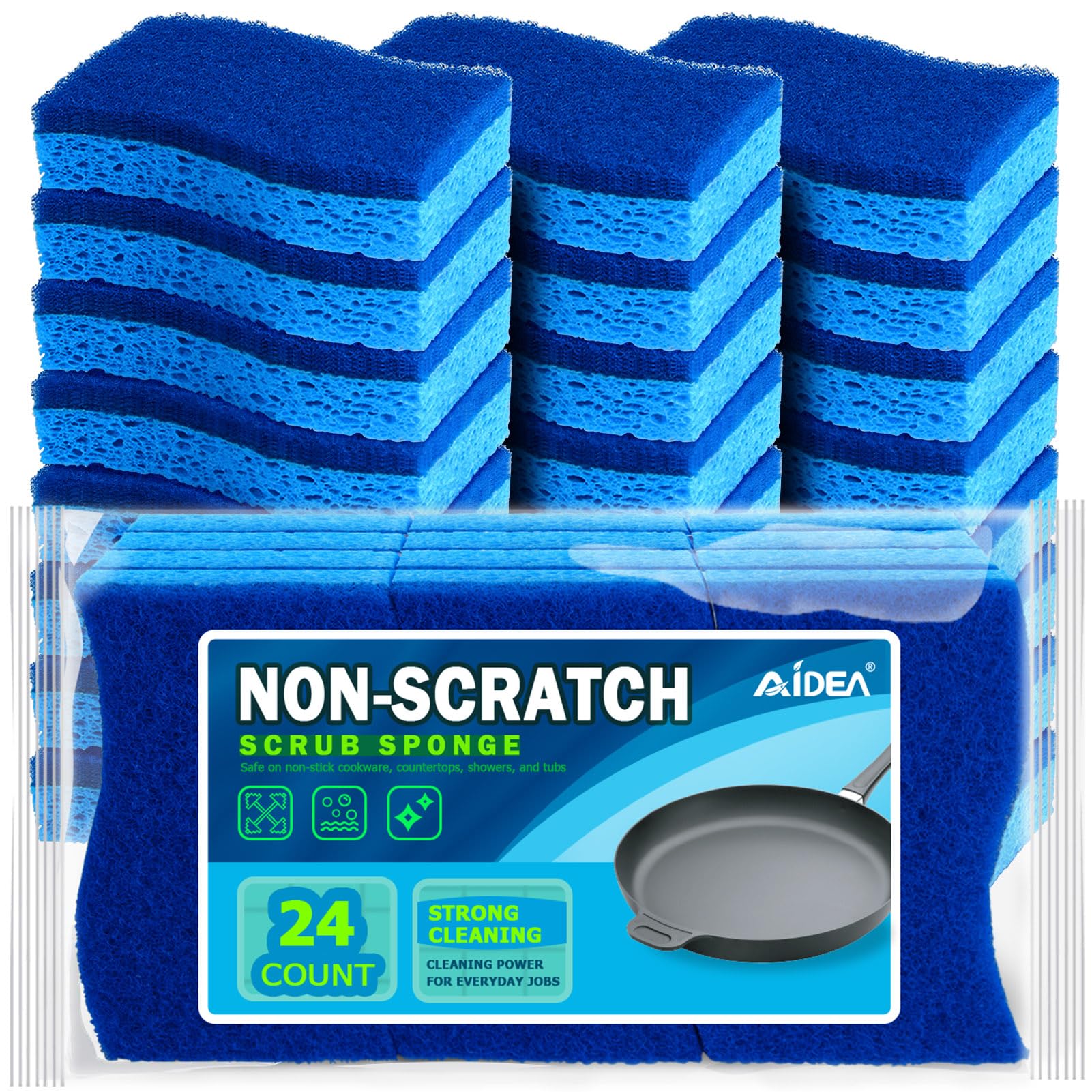 AIDEA Non Scratch Scrub Sponge, 24Count, Sponges for Dishes, Sponges Kitchen, Cleaning Sponge, Cleans Fast Without Scratching, Stands Up to Stuck-on Grime, Cleaning Power for Everyday Jobs