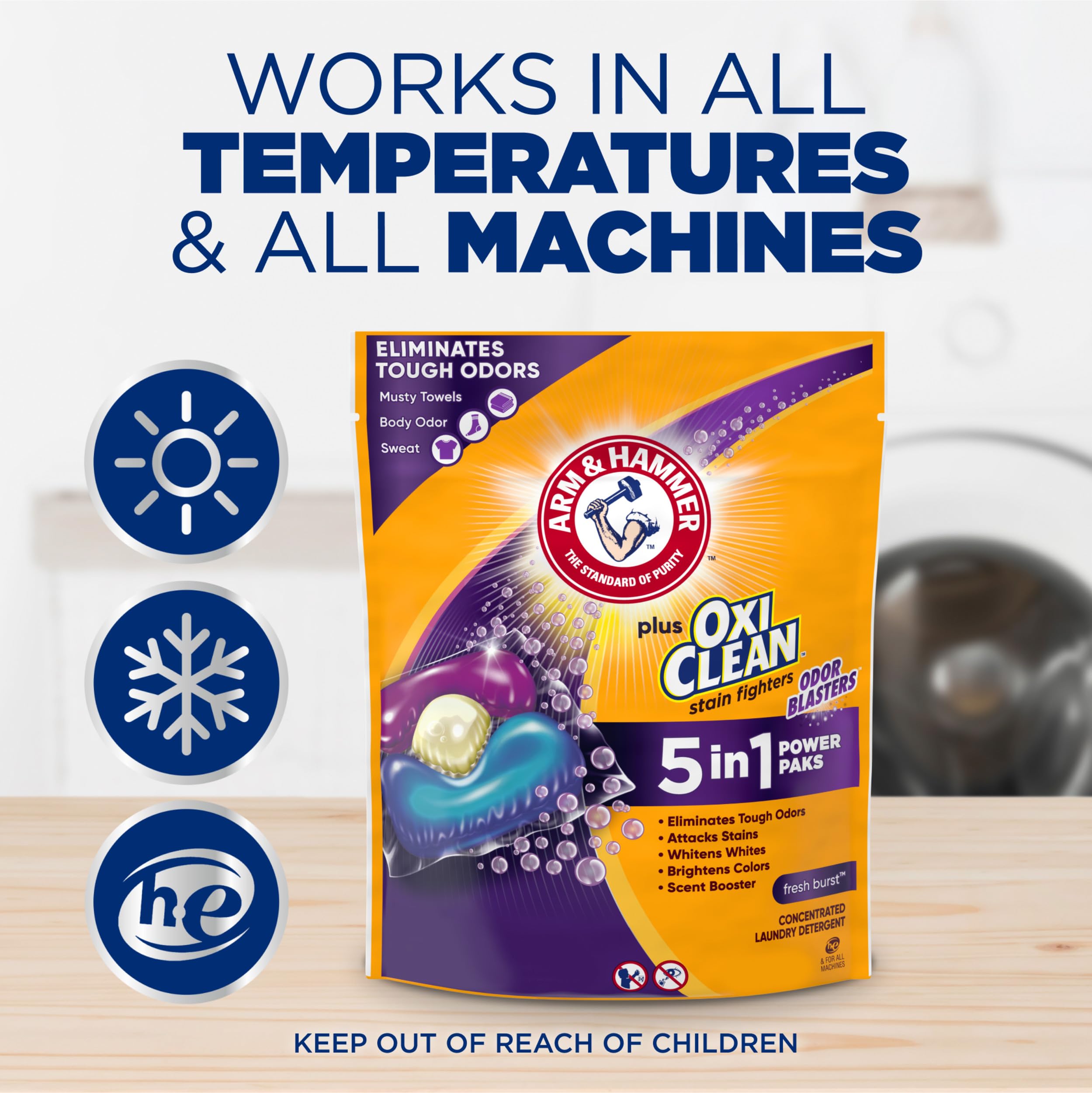 ARM & HAMMER Plus OxiClean with Odor Blasters 5-in-1 Laundry Detergent Power Paks, Laundry Odor Remover, Eliminates Odors, Attacks Stains, Fresh Burst Scent, 42 Count​