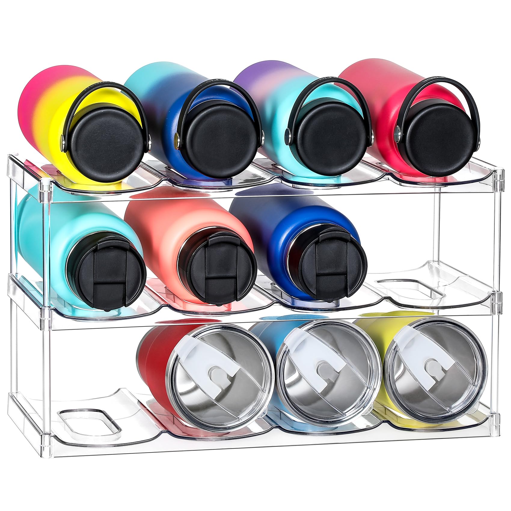 LARGER Compartment - 3 Tier Stackable Water Bottle Organizer Holder - for Stanley 40oz & Others' Large Tumbler - Clear Wine Rack, 12 Cup Bottle Holder for Cabinet Home Countertop Fridge Pantry Shelf