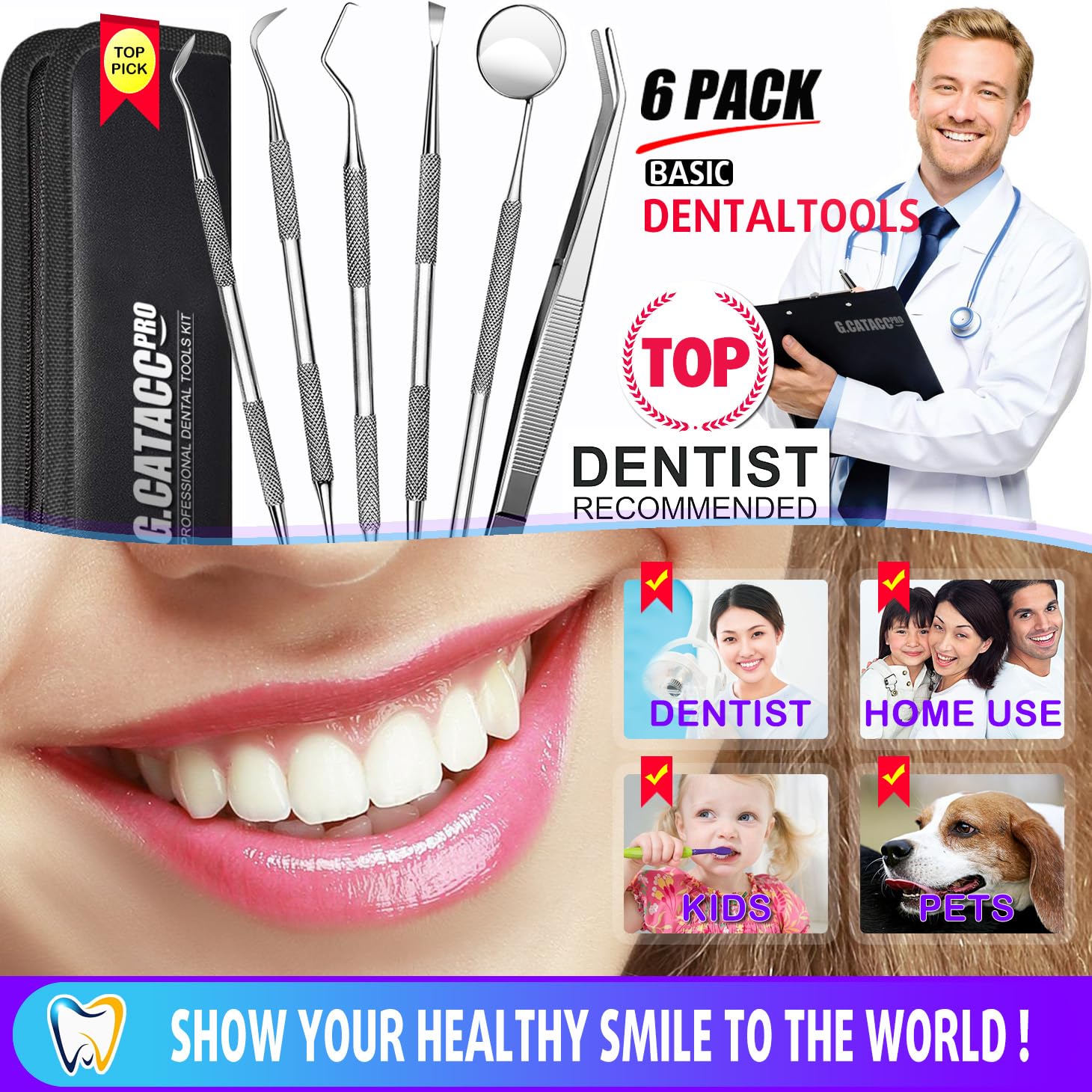 G.CATACC Dental Tools, Dental Pick Teeth Cleaning Tools Hygiene Kit, Plaque Remover for Teeth, Professional Stainless Steel Tooth Scraper Plaque Tartar Cleaner - with Case