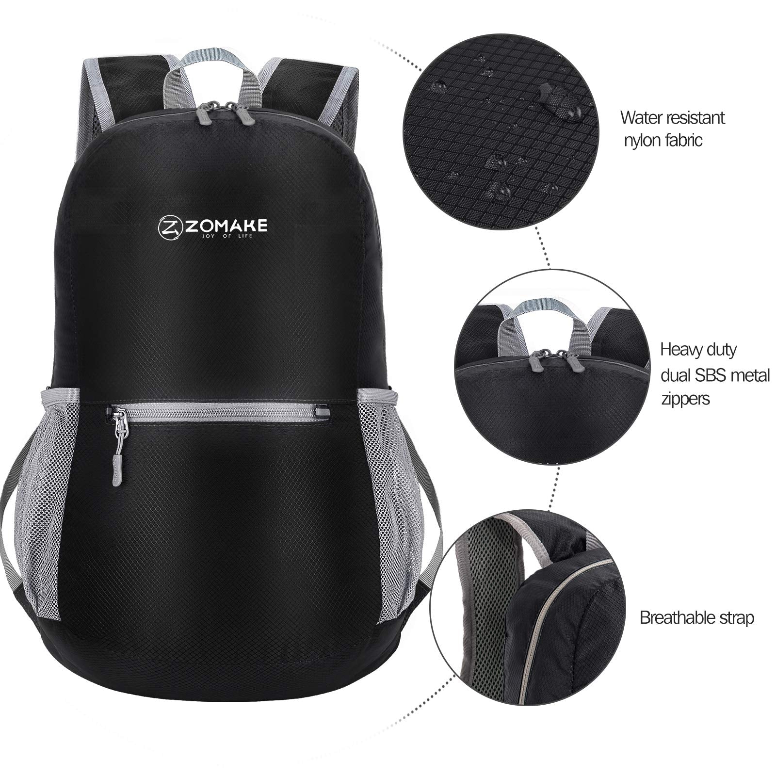 ZOMAKE Ultra Lightweight Hiking Backpack 20L, Packable Small Backpacks Water Resistant Daypack for Women Men(Black)