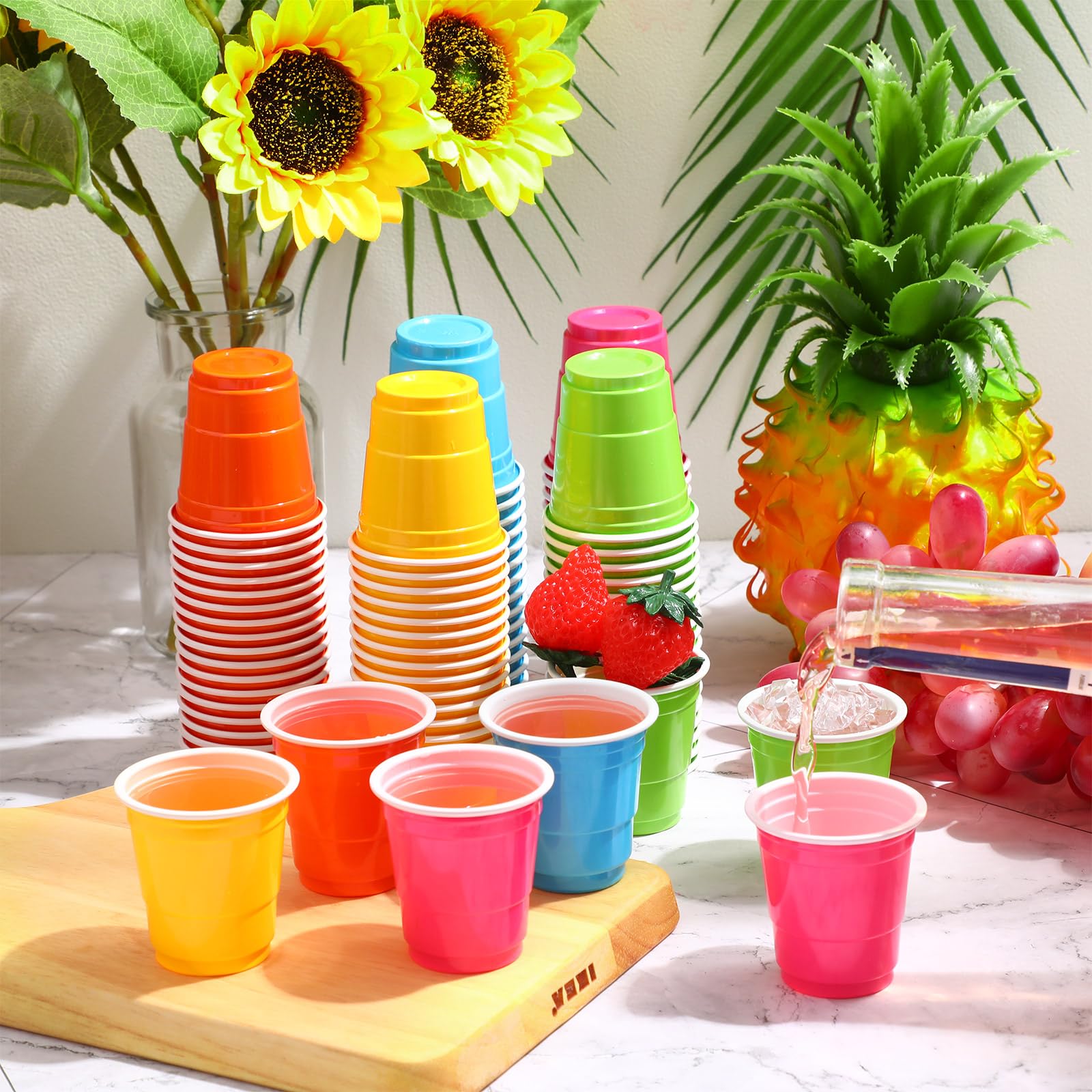 Roshtia 100 Pack 2 oz Plastic Shot Cups, Mini Disposable Shot Glasses 2 oz Party Cups for Wedding Halloween Thanksgiving Party, Beer Taste Serving, Snacks(Multi Colors)