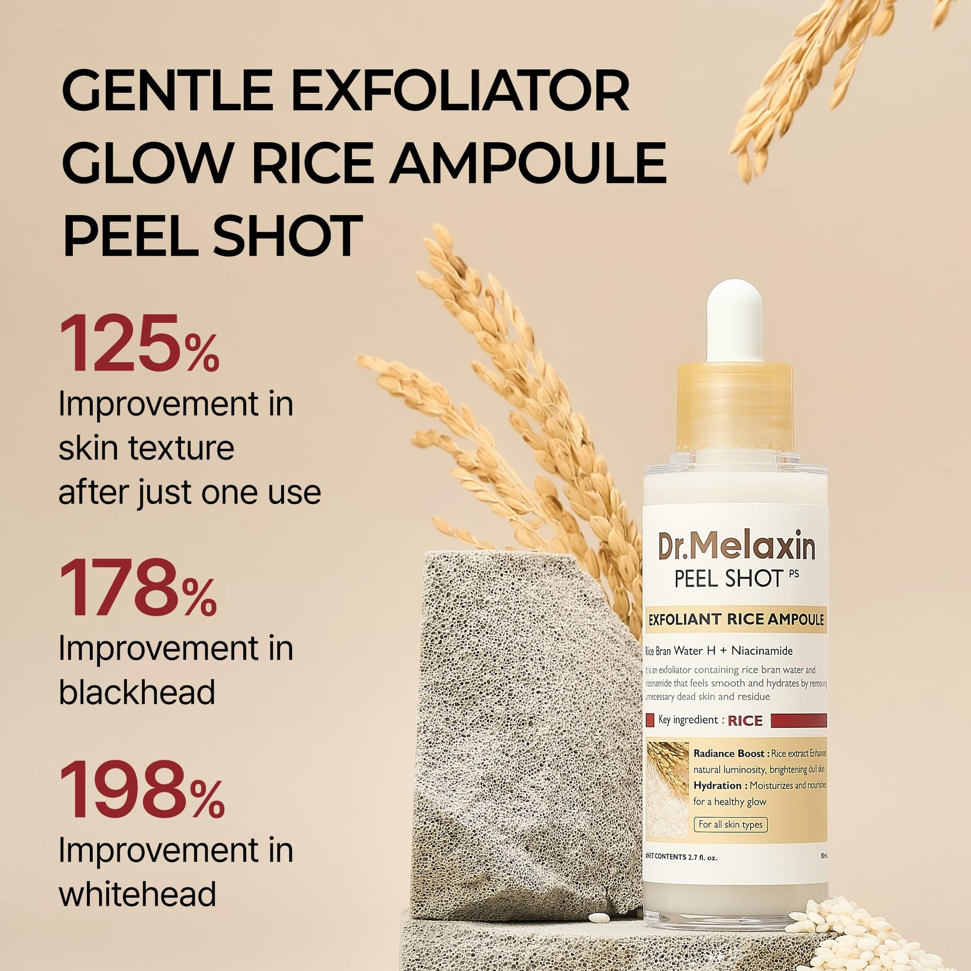 Dr.Melaxin Peel Shot Glow White Rice Peeling Ampoule, Soft Exfoliating Face and Body Scrub Dead Skin Cells Remover for All Skin Types korean skin care 80ml