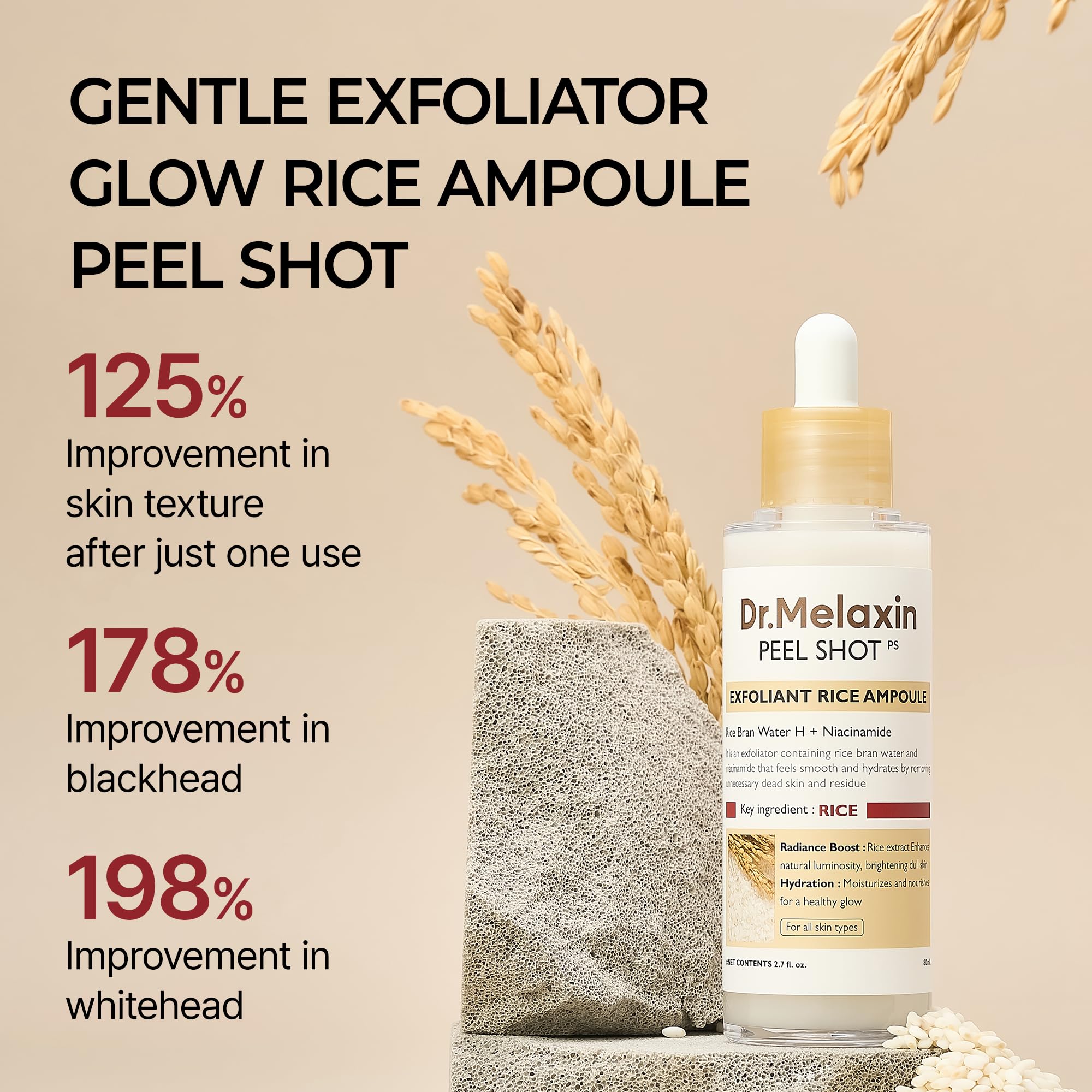 Dr.Melaxin Peel Shot Glow White Rice Peeling Ampoule, Soft Exfoliating Face and Body Scrub Dead Skin Cells Remover for All Skin Types korean skin care 80ml