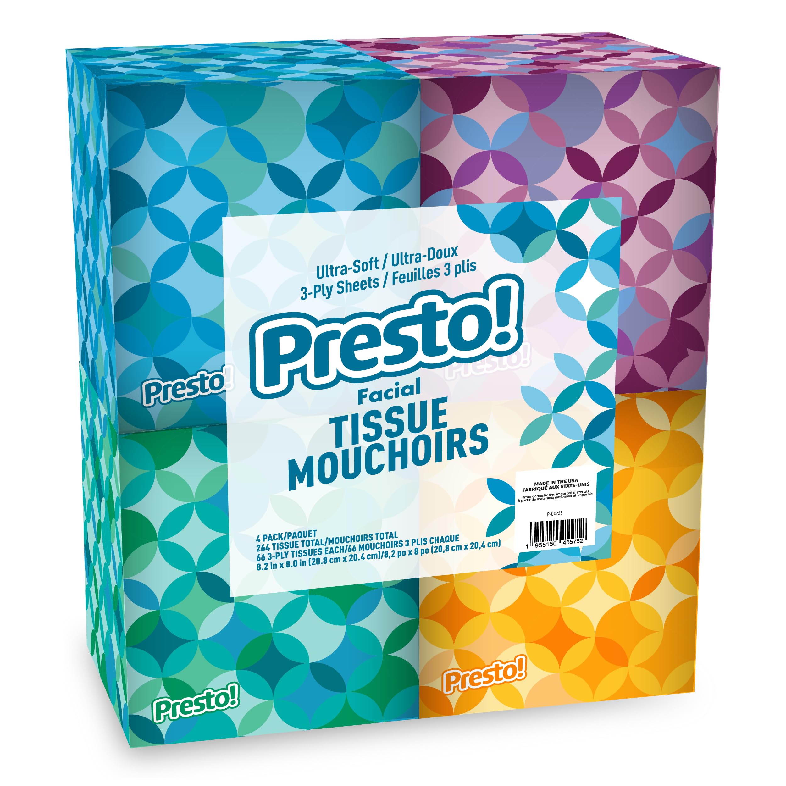 Brand - Presto! Ultra-Soft 3-Ply Premium Facial Tissues, 264 Count (4 Packs of 66), (Packaging May Vary)