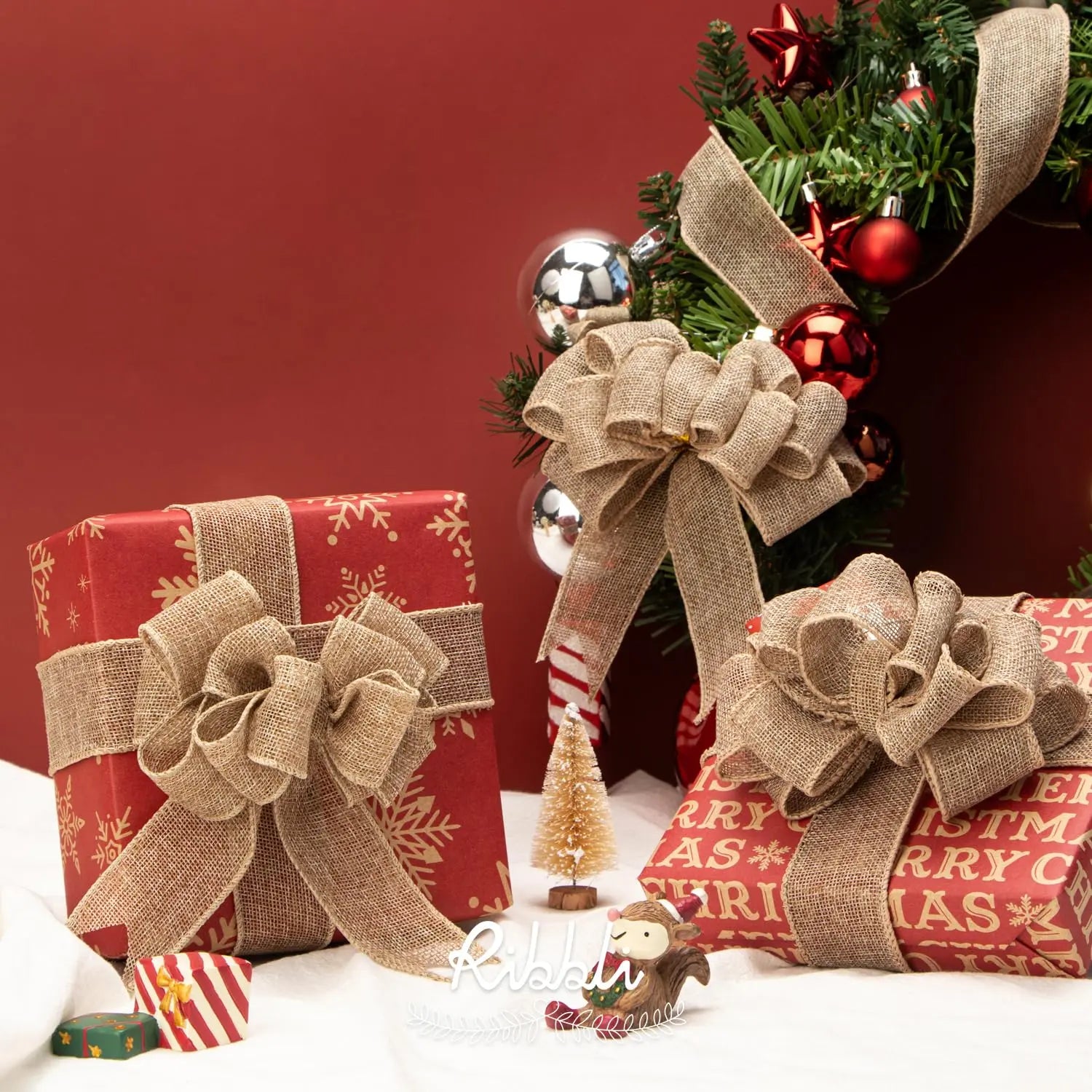 Ribbli Burlap Wired Edge Ribbon,1-1/2 Inch x 10 Yard,Natural,Solid for Big Bow,Wreath,Tree, Outdoor Decoration
