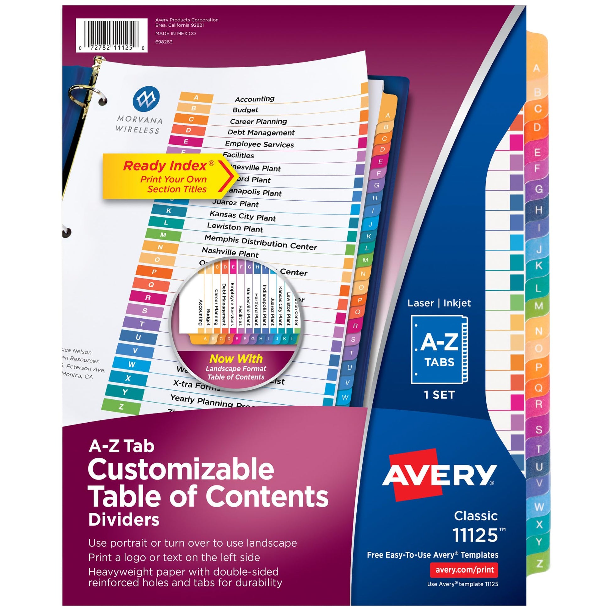 Avery A-Z Tab Dividers for 3 Ring Binder, Customizable Table of Contents, Multicolor, 1 Set (11125)