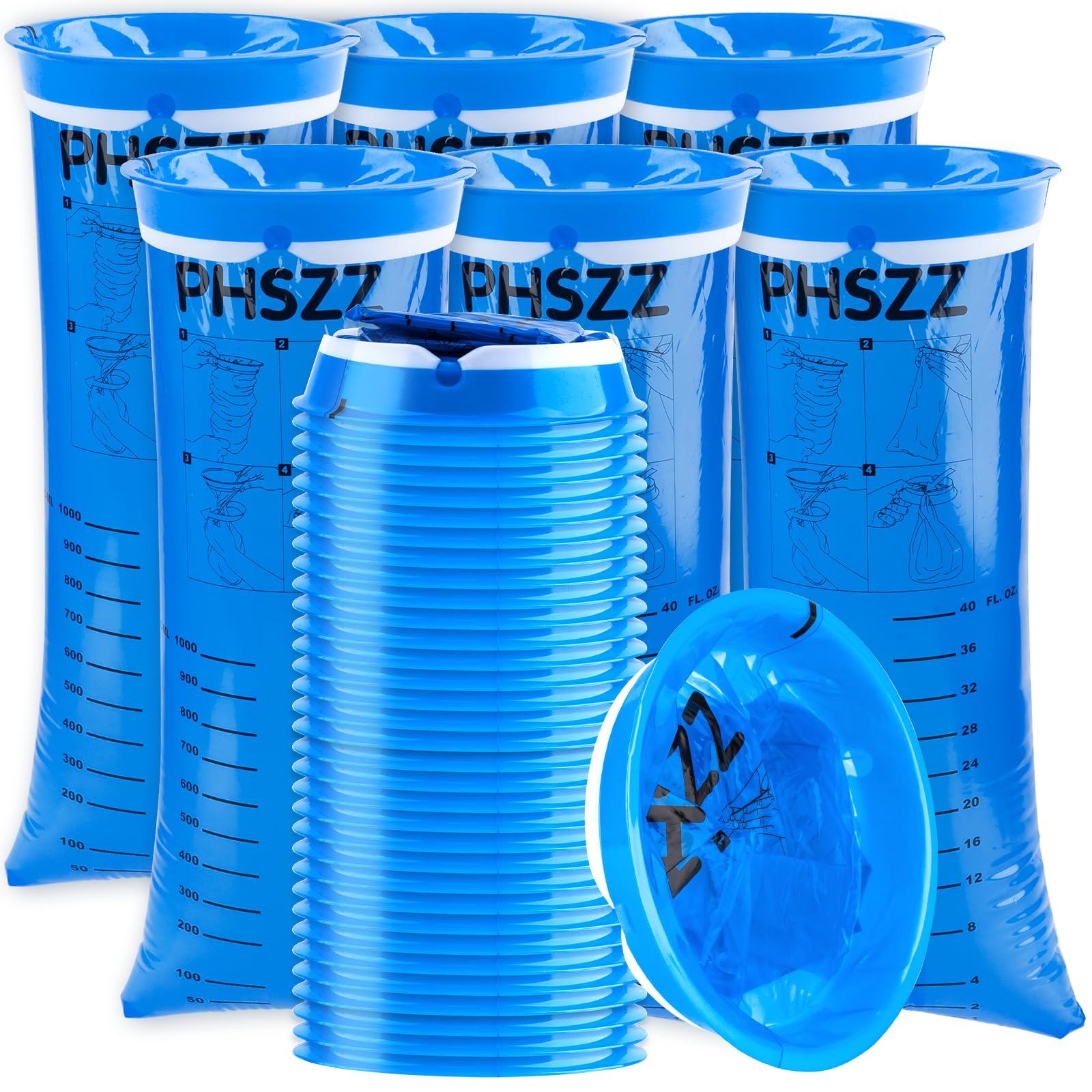 PHSZZ 40 Pack Vomit Bags Disposable, Leak Resistant Barf Bags, Portable Blue Vomit Bag, 1000 Ml Emesis Puke Throw Up Nausea Motion Sickness Bag for Car, Aircraft, Taxi