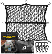 AUTOWN Cargo Net for Pickup Truck Bed - Stretchable 4'x4' to 7'x7', High Elastic Fine Mesh 1''x1'' with 8 Metal Carabiners - Ideal for ATV, SUV, UTV, Truck and Boat Use (Single Layer)