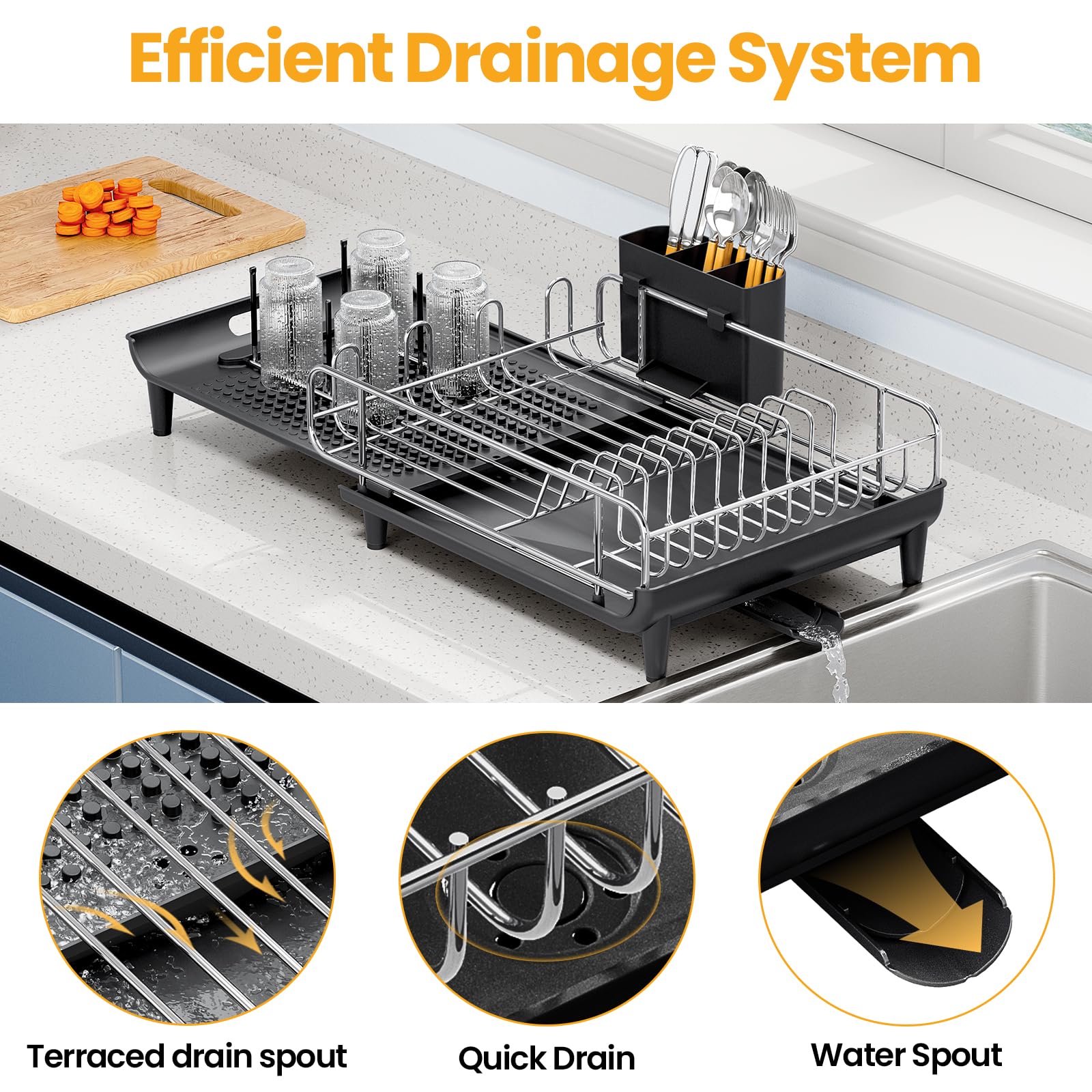 TOOLF Expandable Dish Rack, Dish Drying Rack for Kitchen Counter, Foldable Dish Dryer Rack, Stainless Steel Dish Drainer Racks with Cutlery Holder, Collapsible Dish Drying Racks Large Size,Black