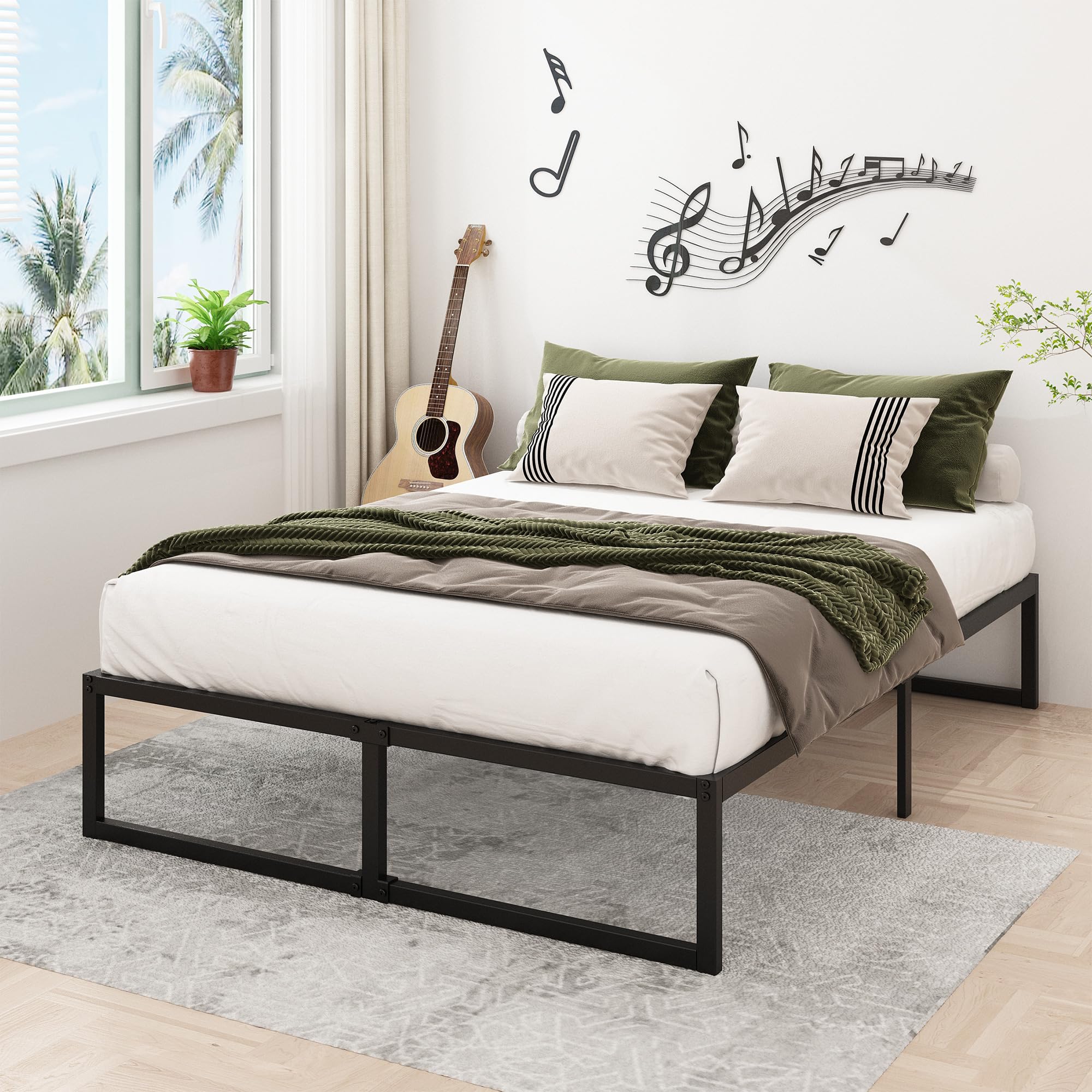 Lutown-Teen 14 Inch Queen Bed Frame Heavy Duty Steel Slat Support Metal Platform Bed Frame Queen Size No Box Spring Needed, Easy Assembly, Black