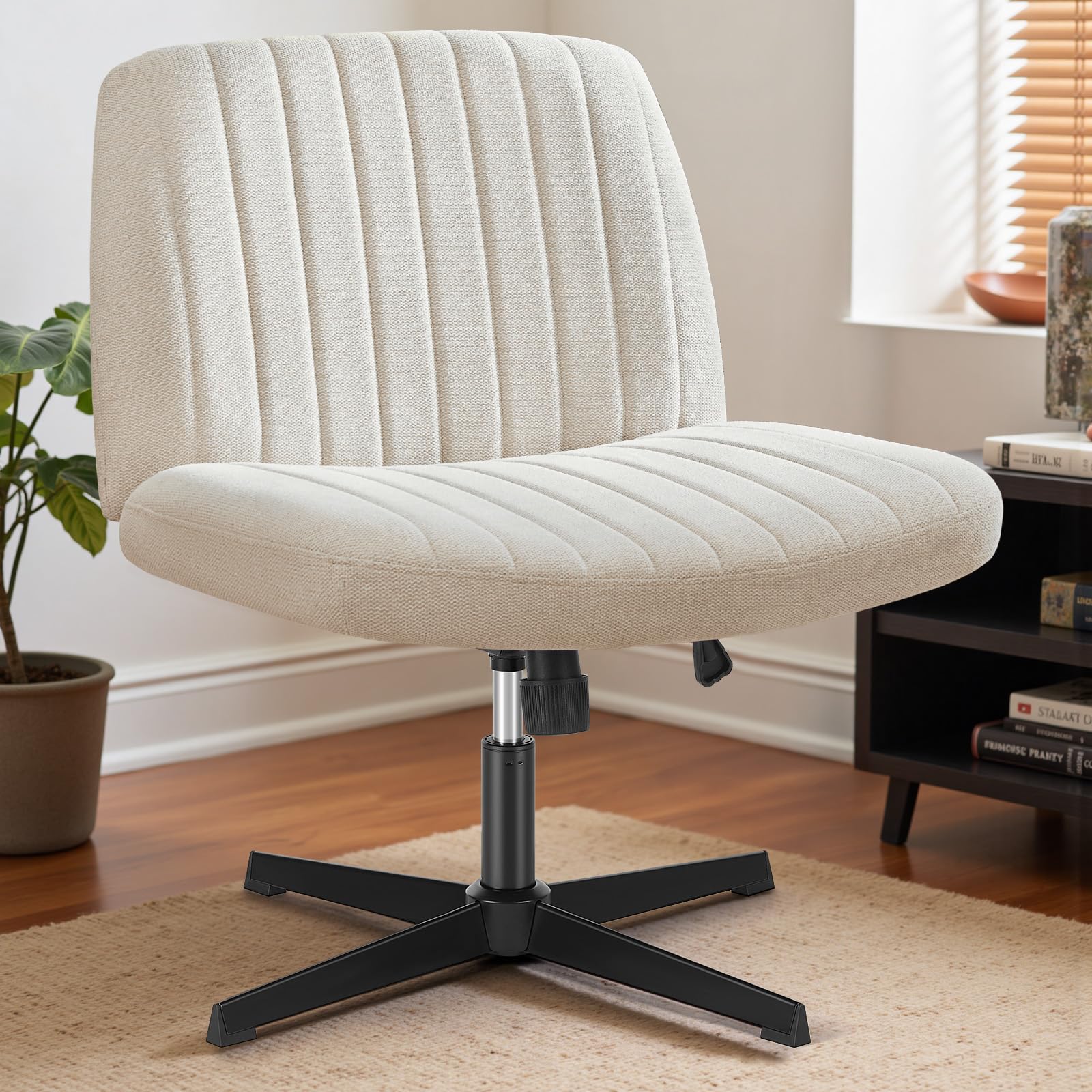 DUMOS Criss Cross Stuhl, Bürostuhl mit gekreuzten Beinen, breit, bequem, ohne Rollen, armloser Computer-Arbeitsstuhl, drehbar, bequem, Polsterstoff, modern, für Zuhause, höhenverstellbar
