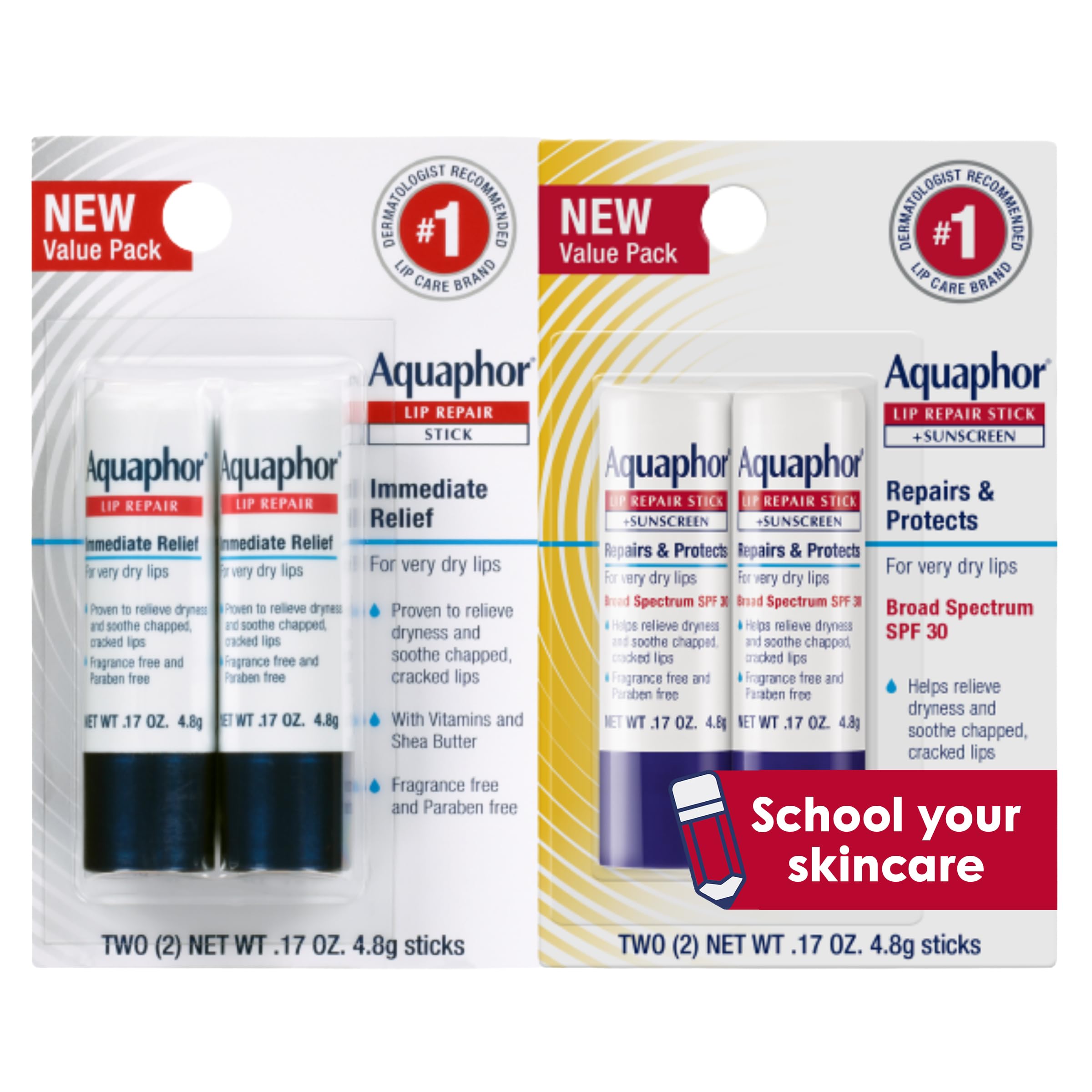 Aquaphor Lip Balm Set with Jojoba Oil and Shea Butter, Lip Repair Stick (2 x 0.17 Oz) + Repair Stick with Sunscreen SPF 30 (2 x 0.17 Oz), Fragrance Free, Paraben Free, Immediately Relieves Dryness