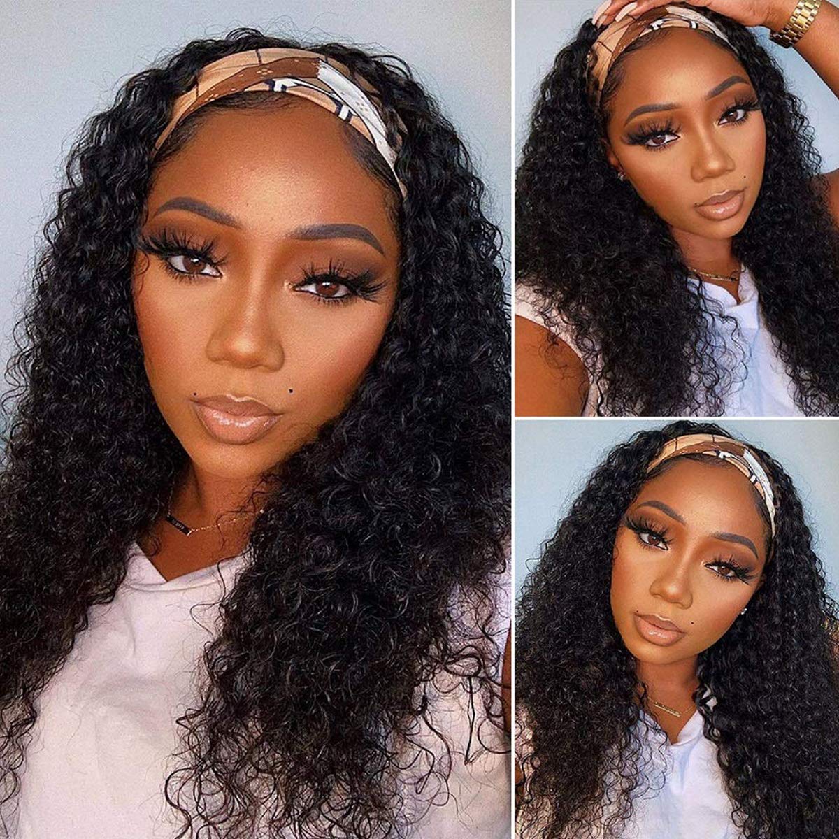 Celiarita Headband Wig شعر بشري مموج عميق 18 بوصة بدون دانتيل أمامي، شعر بشري مصنوع آلياً، شعر مستعار مجعد بدون غراء، نصف شعر مستعار بعصابة رأس للنساء السود، شعر بشري بلون طبيعي.