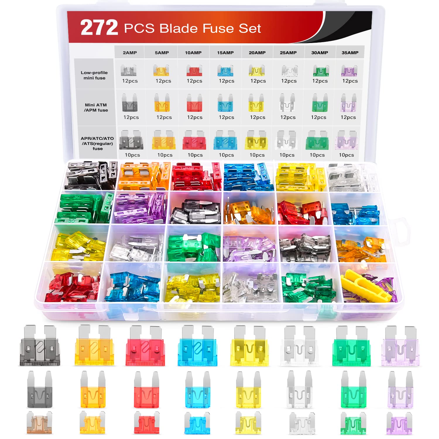 Nilight - 50019R 272 قطعة من تشكيلة الصمامات القياسية والميني وصمامات الشفرات الصغيرة منخفضة الارتفاع، 2 أمبير 5 أمبير 10 أمبير 15 أمبير 20 أمبير 25 أمبير 30 أمبير 35 أمبير، صمامات بديلة للسيارات والقوارب والشاحنات وسيارات الدفع الرباعي والمركبات.