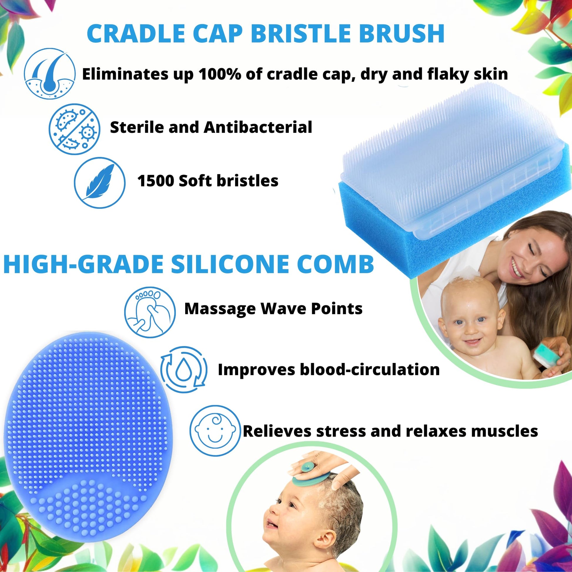 Cradle Cap Brush for Babies - Cradle Cap Treatment | Baby Sponge for Bathing | Baby Brush and Comb Set Newborn | Baby Comb & Scalp Scrubber (Set of 6)