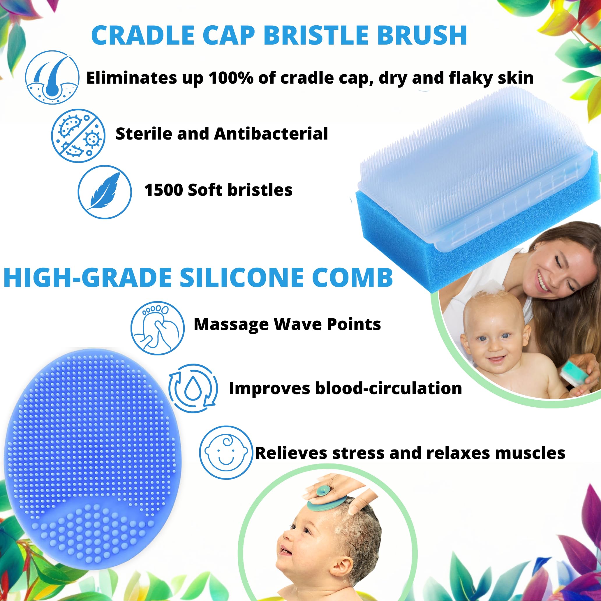 Cradle Cap Brush for Babies - Cradle Cap Treatment | Baby Sponge for Bathing | Baby Brush and Comb Set Newborn | Baby Comb & Scalp Scrubber (Set of 6)