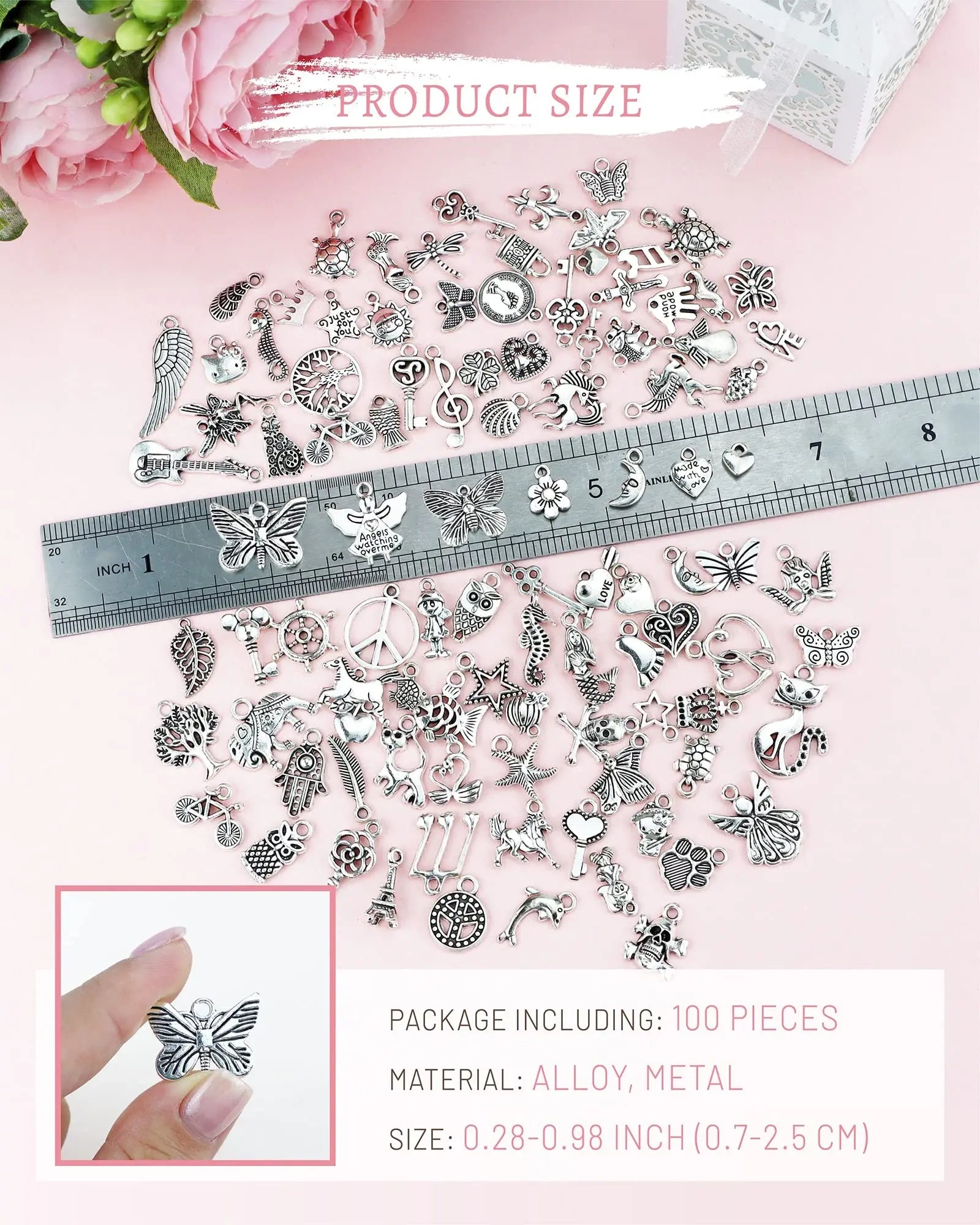 JIALEEY Wholesale Bulk Lots Jewelry Making Silver Charms Mixed Smooth Tibetan Silver Metal Charms Pendants DIY for Necklace Bracelet Jewelry Making and Crafting, 100 PCS