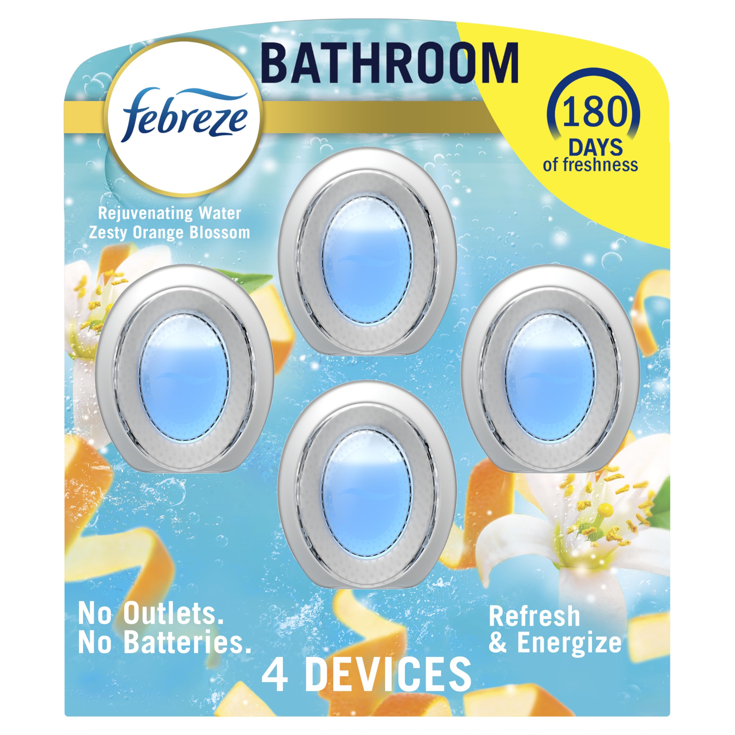 Febreze Bathroom Air Freshener, Odor-Fighting, Plug In Alternative, Air Fresheners for Home and Bathroom and Kitchen, Closet Air Fresheners, Refresh & Energize Scent, 4 Count