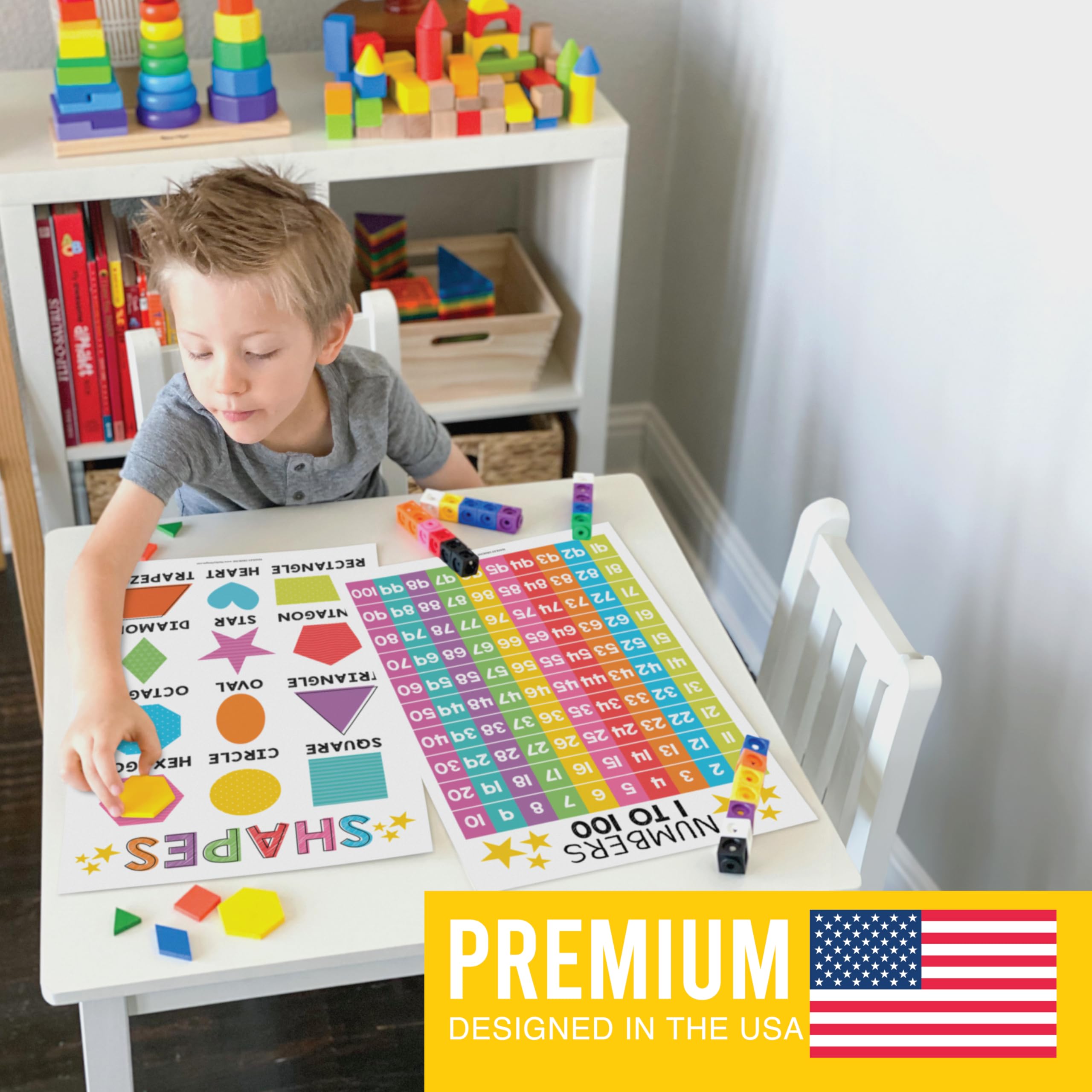 Hadley Designs 16 Educational Posters for Classroom & Kindergarten, Kindergarten Classroom Must Haves, Laminated PreK Learning Chart Materials US & World Map, ABC Alphabet, Shapes, Days of the Week
