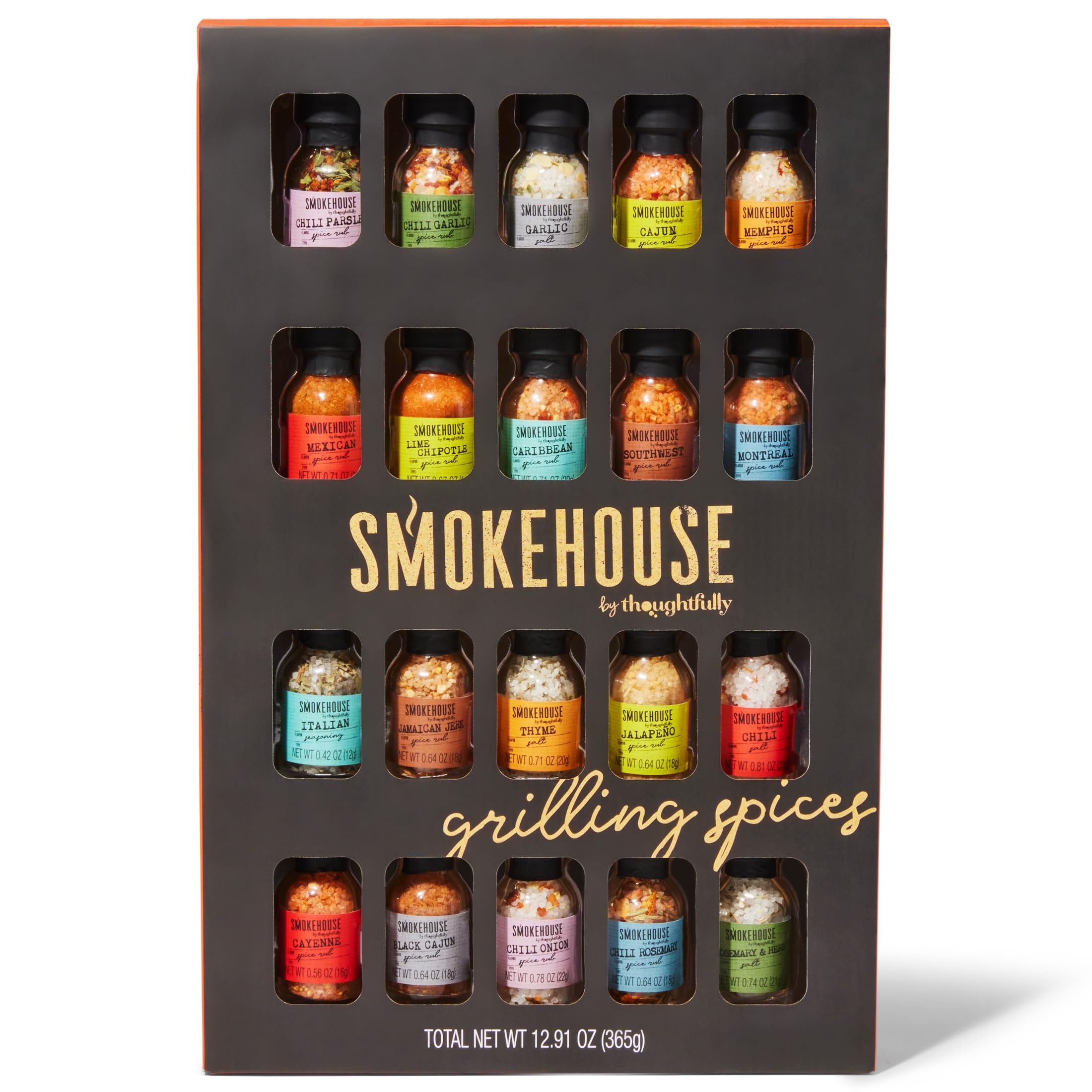 Smokehouse من Thoughtfully Ultimate Grilling Spice Set، مجموعة هدايا توابل الشواء بنكهات تتضمن الفلفل الحار بالثوم، وإكليل الجبل والأعشاب، والليمون بالتشيبوتلي، وتوابل الكاجون والمزيد، عبوة من 20