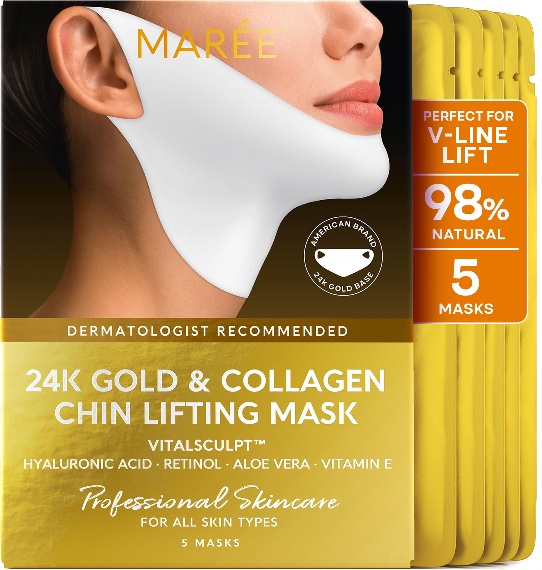 MAREE V Line Lifting Mask with 24K Gold - Deep Collagen Face Mask for Women - Jawline Shaper Mask with Retinol & Hyaluronic Acid - Neck Tightening & Firming - Double Chin Strap for Face Lift