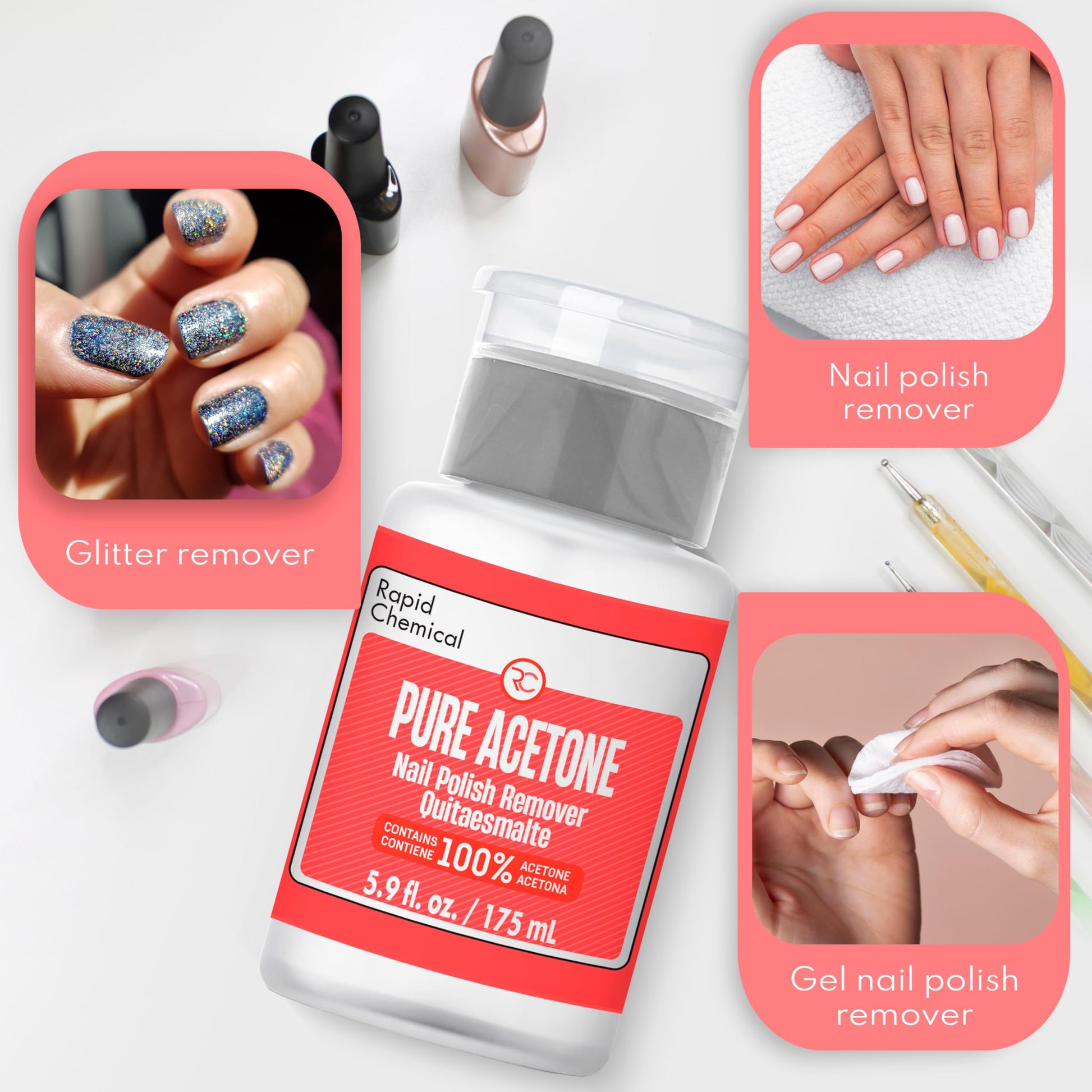 Pure Acetone 100 Percent Nail Polish Remover and Gel Nail Polish Remover With built-in Pump (175ml / 6 fl. oz) 100% Acetone