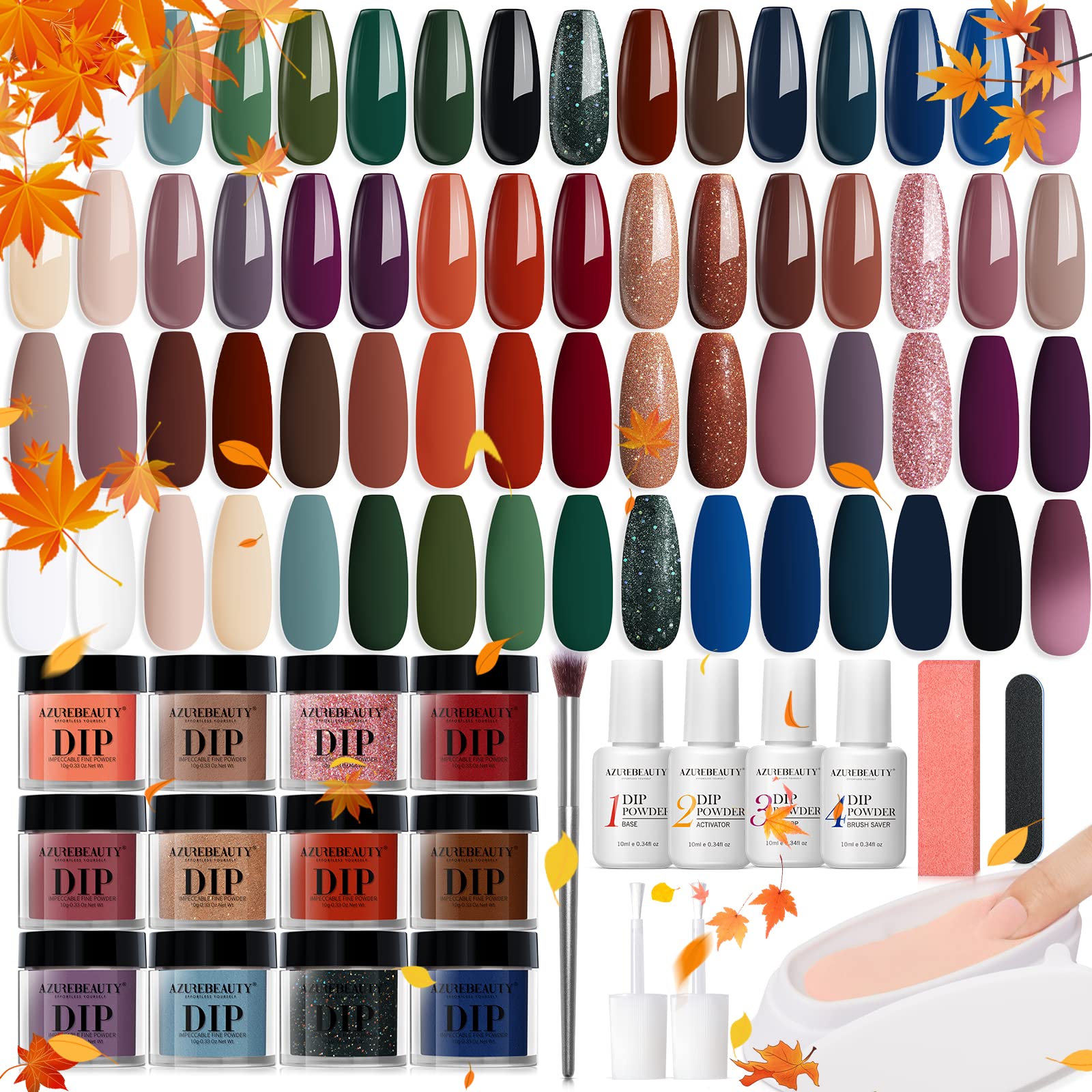 AZUREBEAUTY 42Pcs Dip Powder Nail Kit Starter, 32 Colors Fall Set Green Nude Brown Blue Dipping Powder Set with Top/Base Coat & Recycling Tray for French Art Manicure Salon