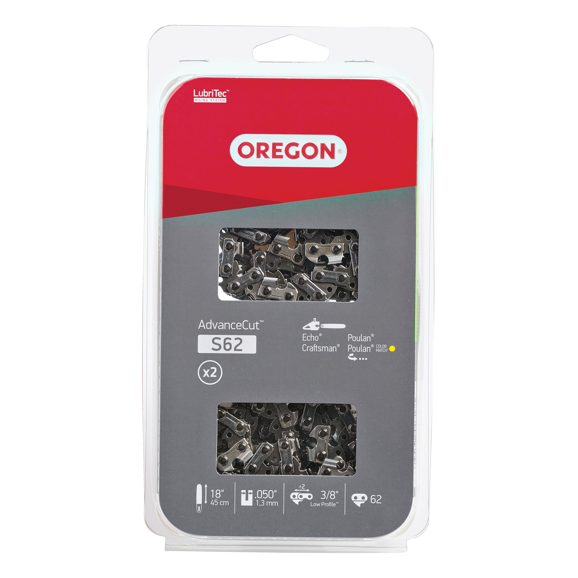 Oregon S62T AdvanceCut Chainsaw Chains 2-Pack, for 18-Inch Bar, 62 Drive Links, 2x Replacement Chainsaw Blades, .050 Inch Gauge, 3/8 Inch Pitch, Fits Craftsman, Atlas, Homelite, Ryobi, Ego & More