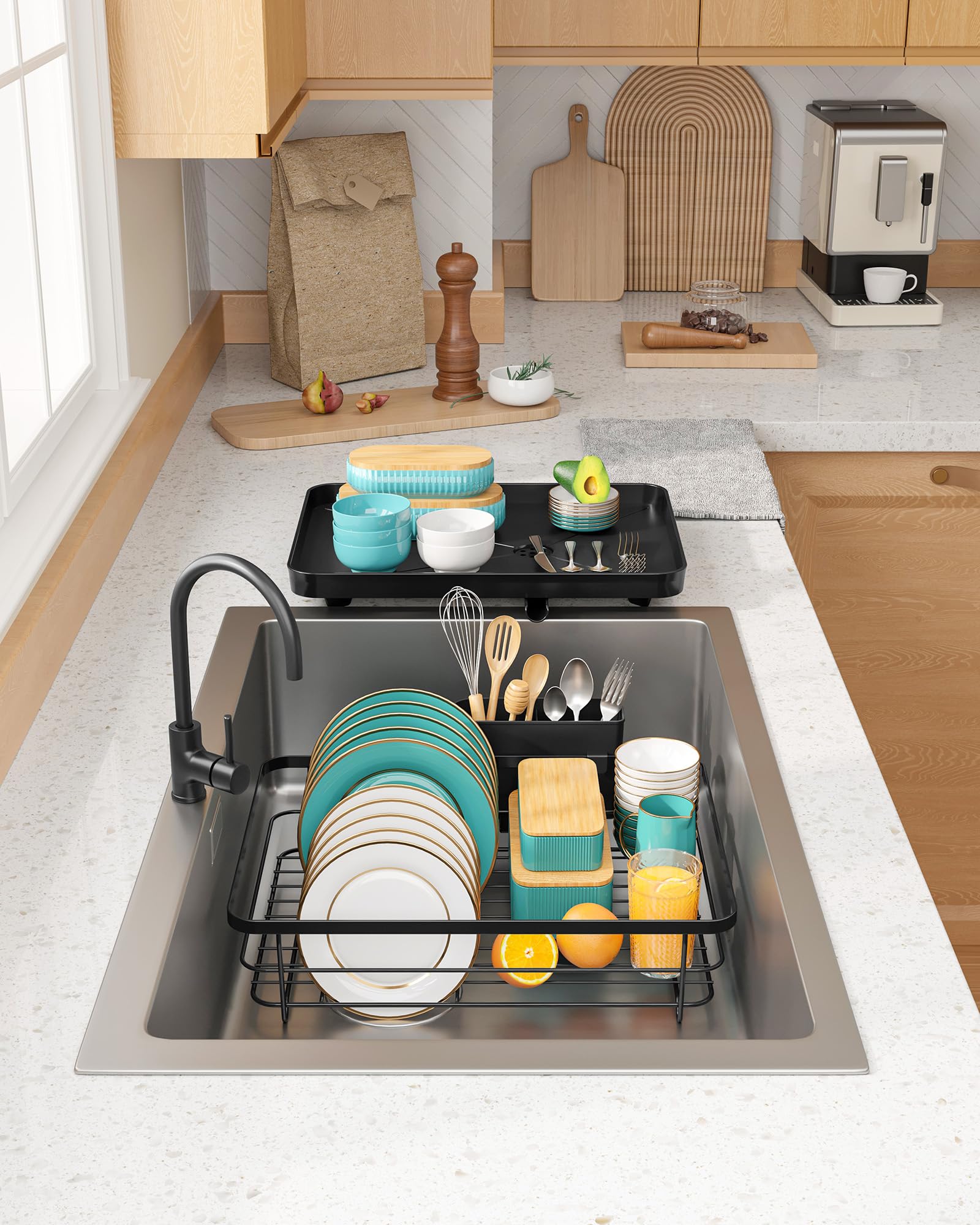 Sakugi Stainless Steel Dish Drying Rack for Kitchen Counter, Sink Organization and Storage Essentials with Silverware & Utensil Holder, Home and Apartment Decor, 12''W x 15.6''L, Black