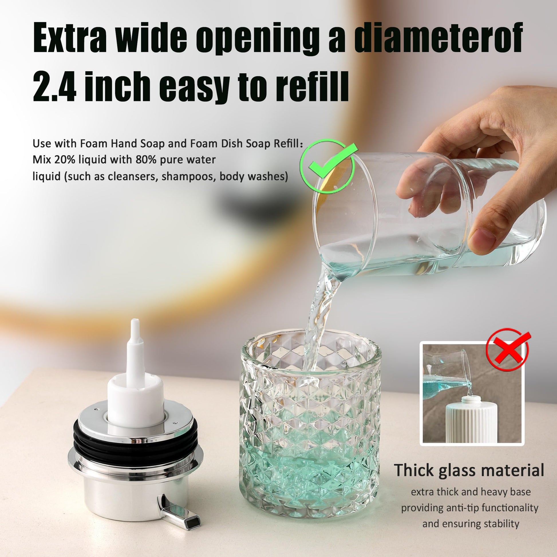 Malachi Foaming Hand Soap Dispenser, Refillable Clear Glass Pump Bottles for Liquid or Lotion, Modern Foam Dispenser for Bathroom, Kitchen, Commercial (Clear)