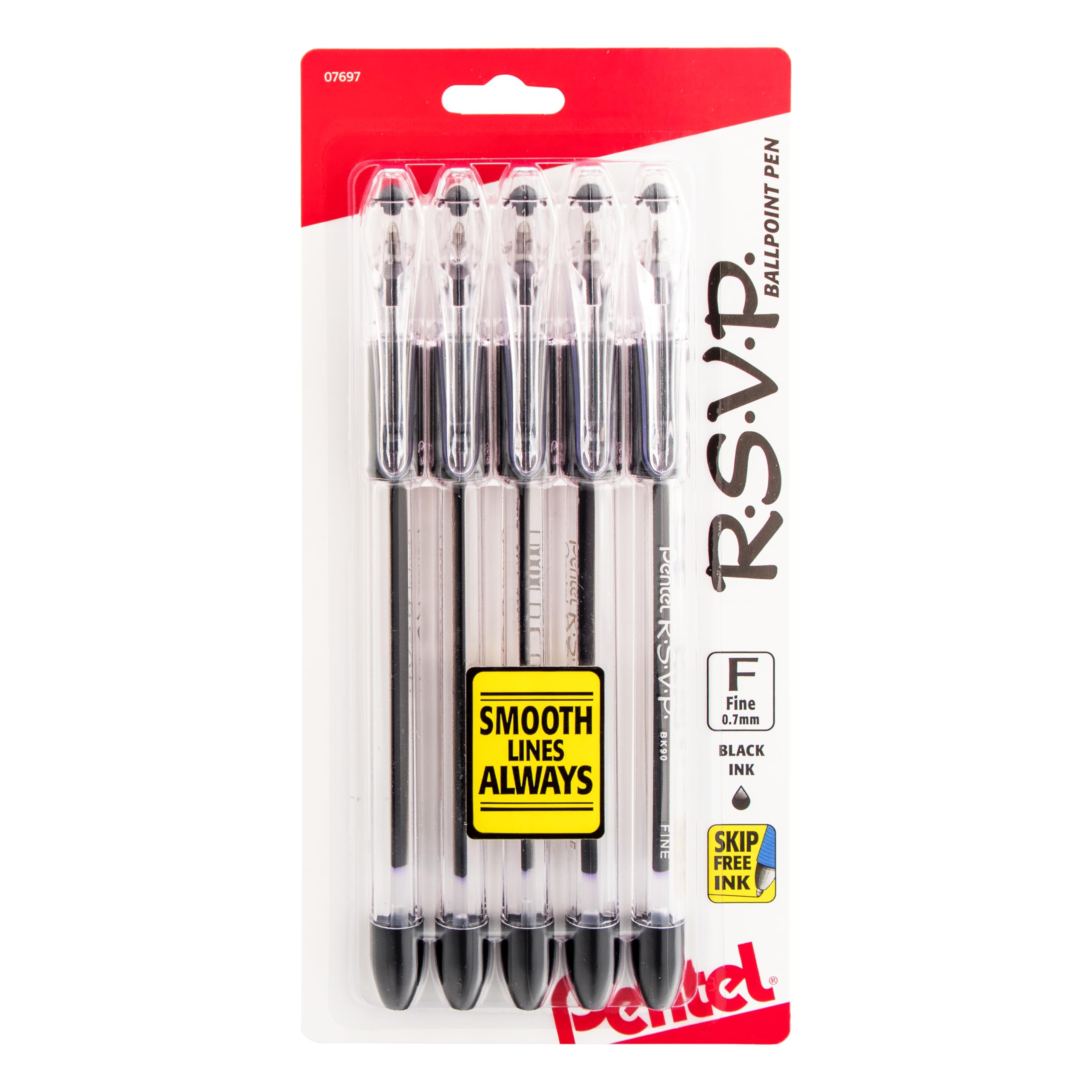 Pentel R.S.V.P. Ballpoint Pens, Fine Point, 0.7 mm, Clear Barrel, Black Ink, Pack Of 5