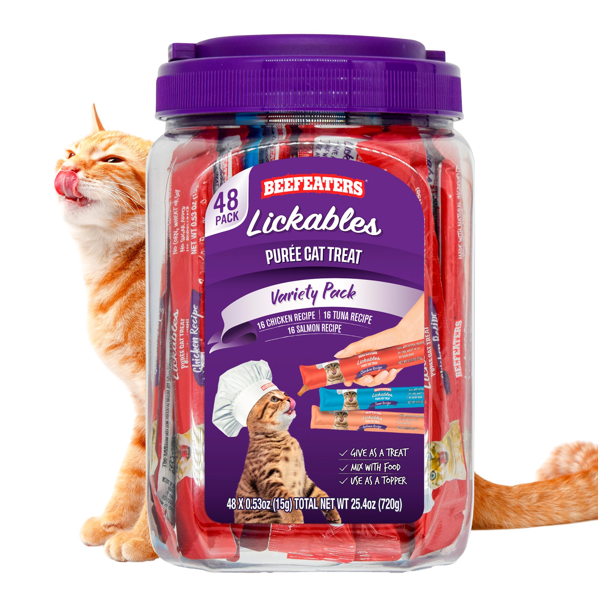 Beefeaters Cat Treats Variety Pack Lickable Puree 48ct - Salmon, Tuna & Chicken, Grain-Free, Taurine-Enriched, Ideal for Training & Interactive Feeding